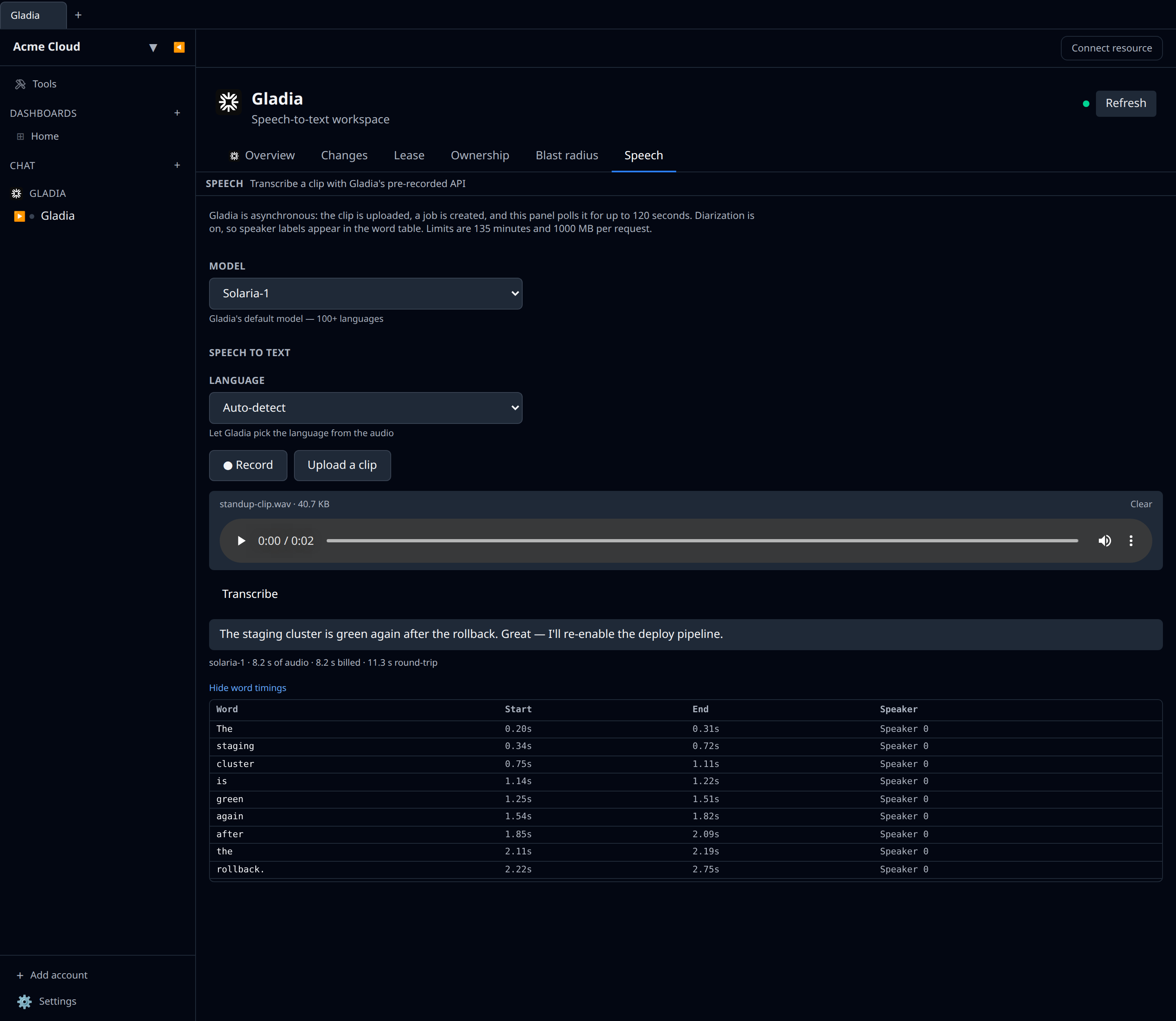 Gladia Speech tab on the workspace, showing the Solaria model picker and a diarised transcript with speaker labels