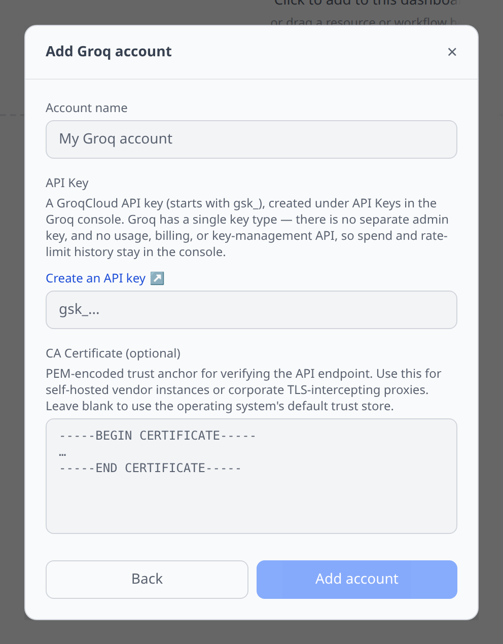 Groq Add-account form with the single API key field and the "Create an API key" help link