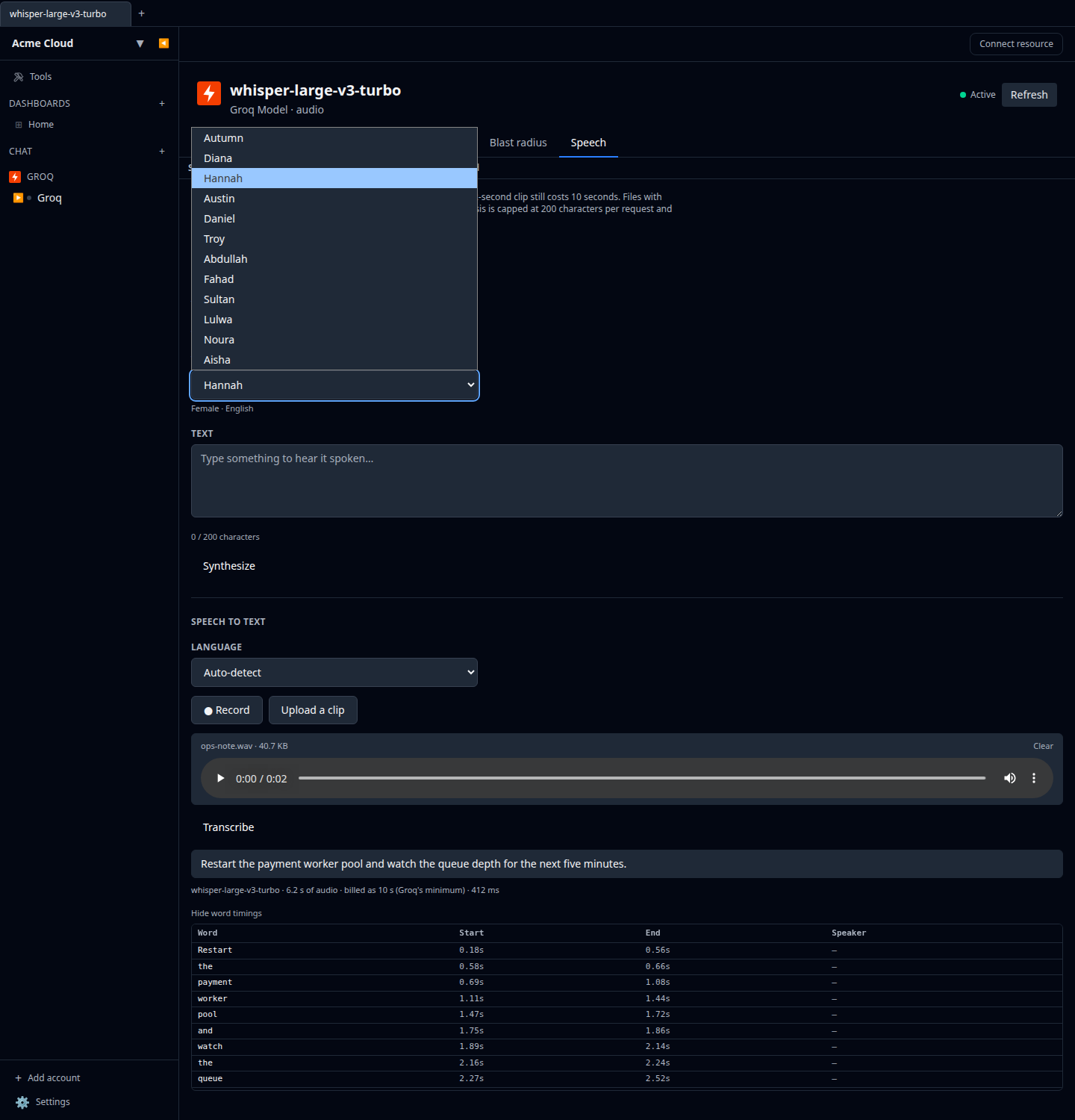 Groq Speech tab showing the voice picker open with the Orpheus voice list, and a transcript with word timings below
