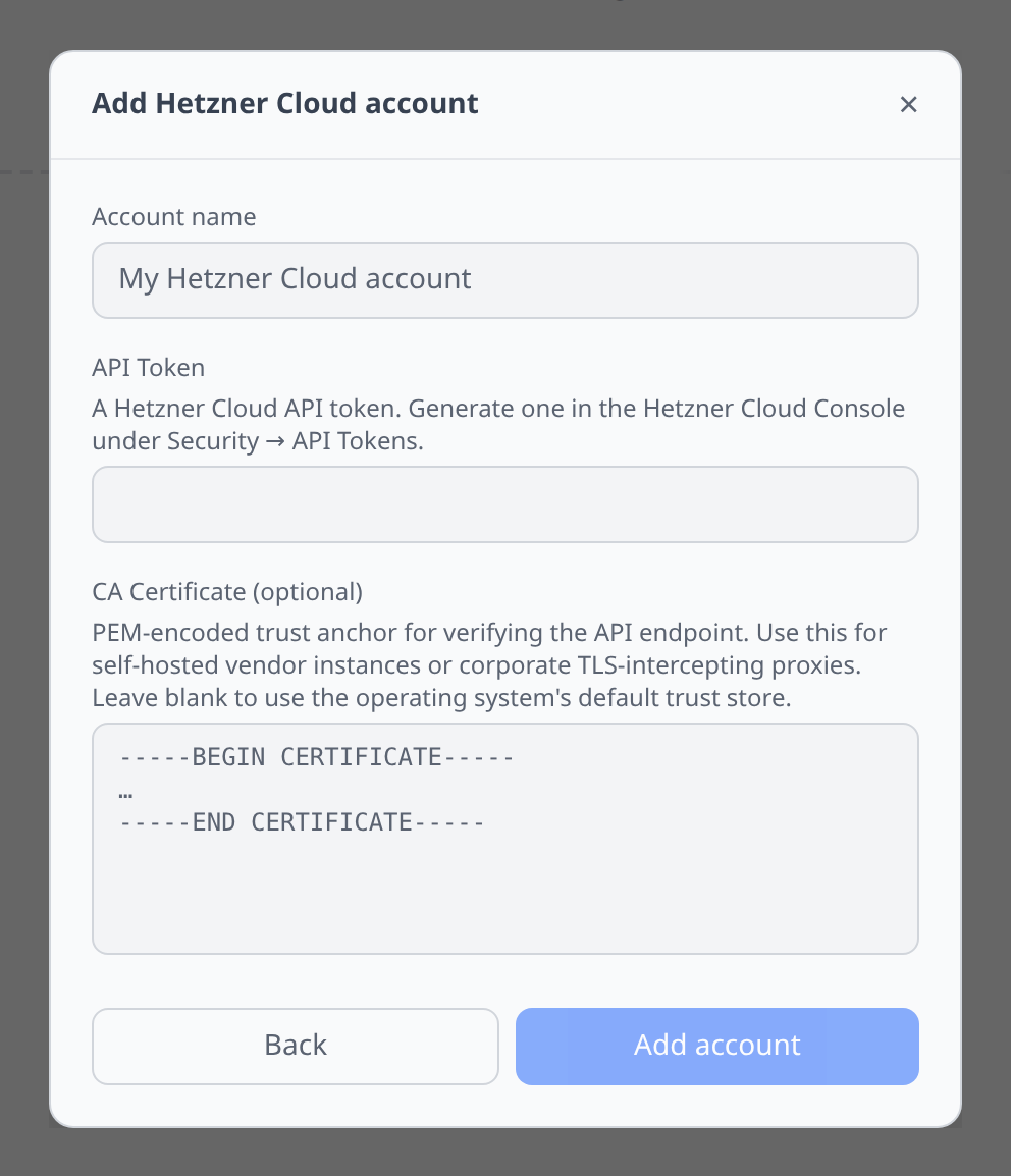 Hetzner Add-account form with API token field
