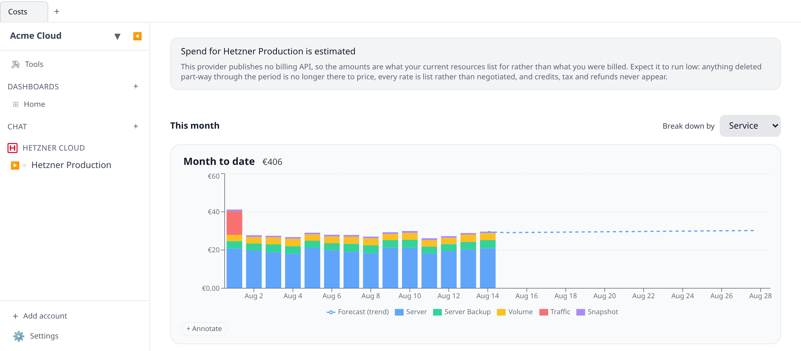 Costs panel for a Hetzner account, with the estimated-costs notice visible above the chart and the service breakdown showing Server, Volume and Traffic