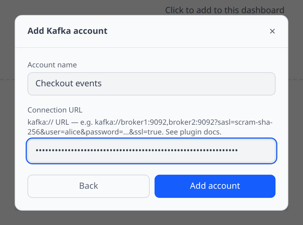 Kafka Add-account form with the kafka:// URL field filled in