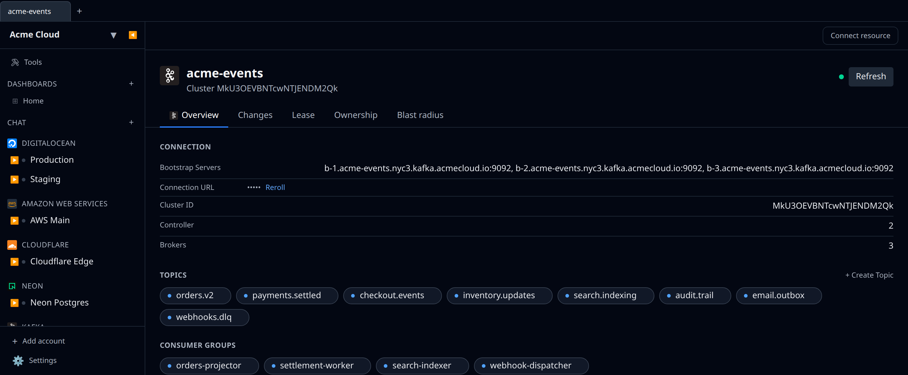 Cluster detail view showing brokers, topics, and consumer groups