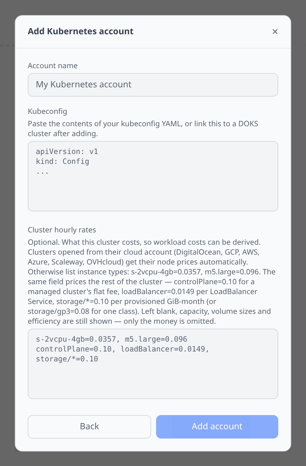 Kubernetes Add-account form with the Kubeconfig textarea and the optional Cluster hourly rates field