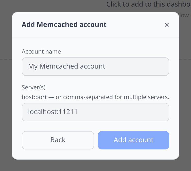 Memcached Add-account form with the Server(s) field