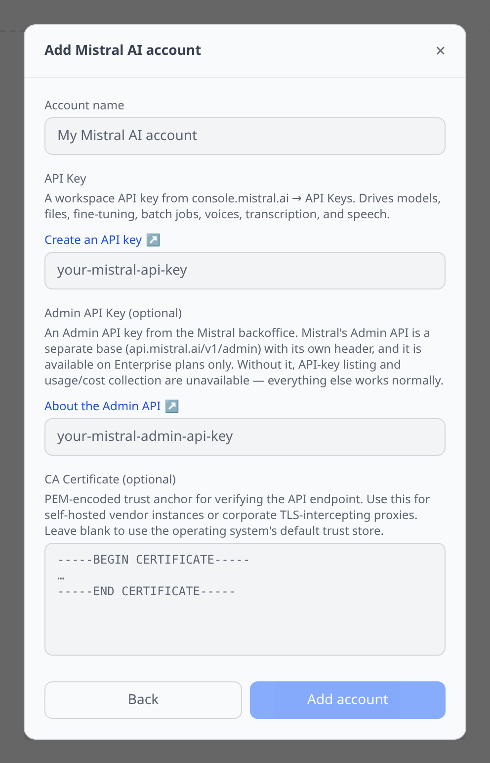 Mistral Add-account form showing the required API key field and the optional Admin API key field with its Enterprise-only description