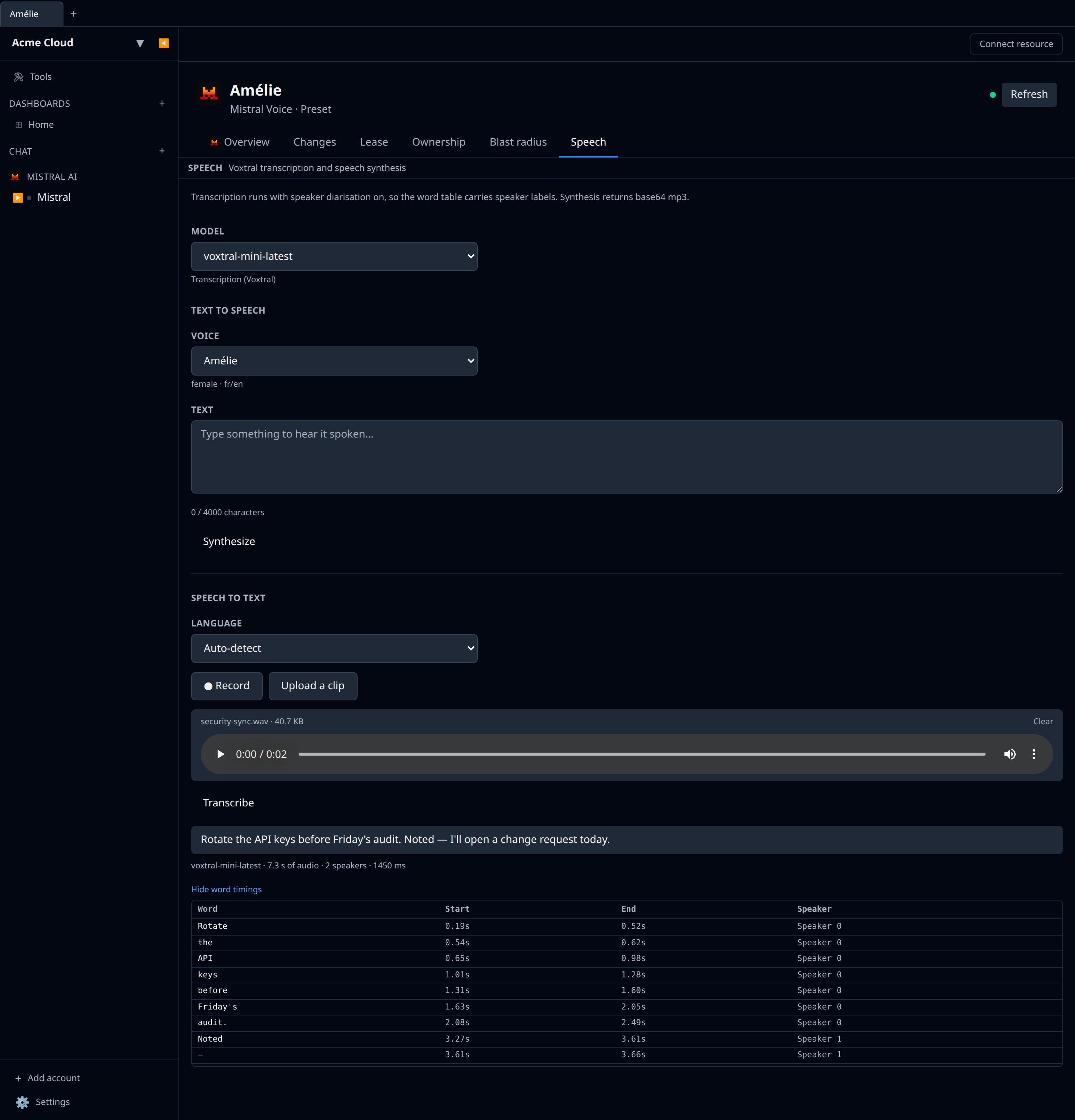 Mistral Speech tab on a voice, showing the transcript with a per-speaker word table below