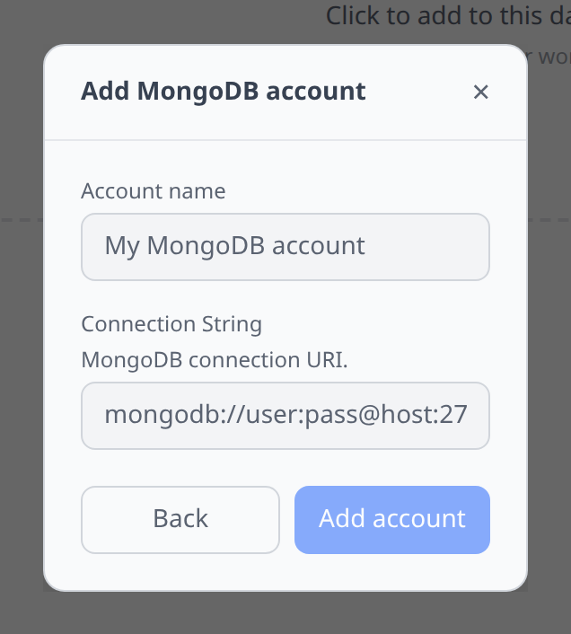 MongoDB Add-account form with connection string field
