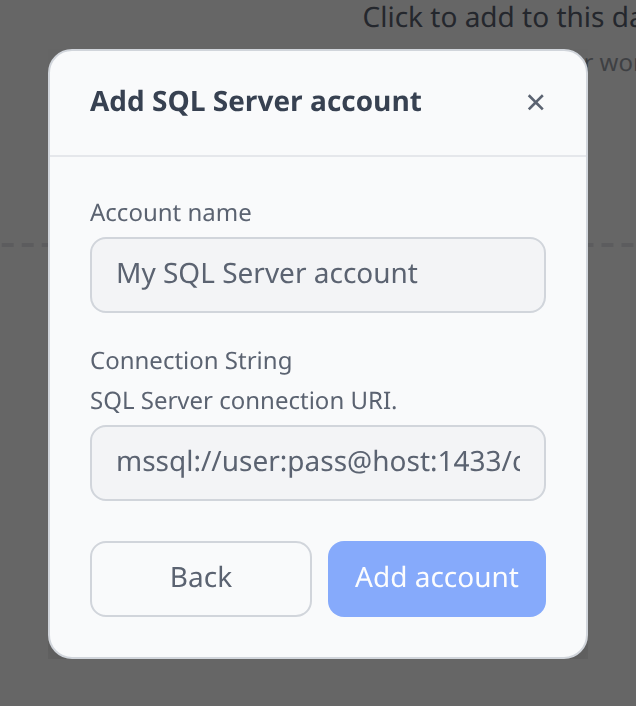 SQL Server Add-account form with the connection string field