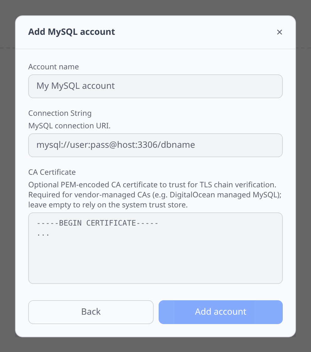 MySQL Add-account form with connection string field