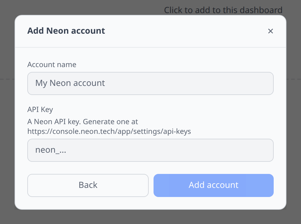 Neon Add-account form with API key field