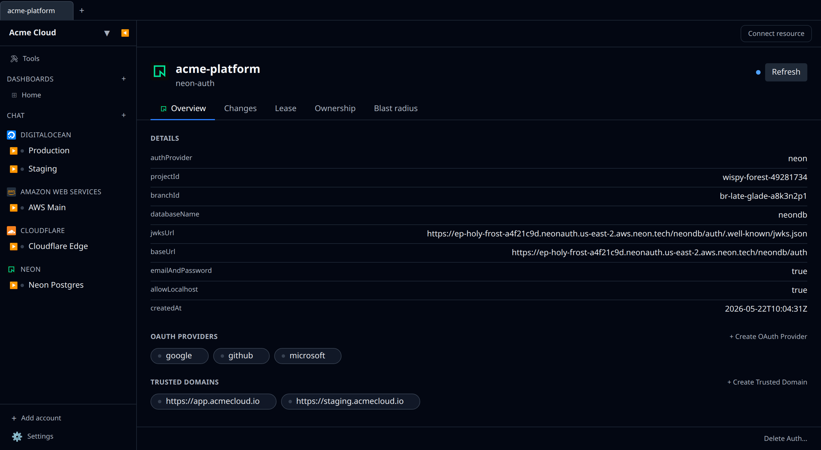 Neon Auth detail view showing the JWKS URL and child OAuth providers