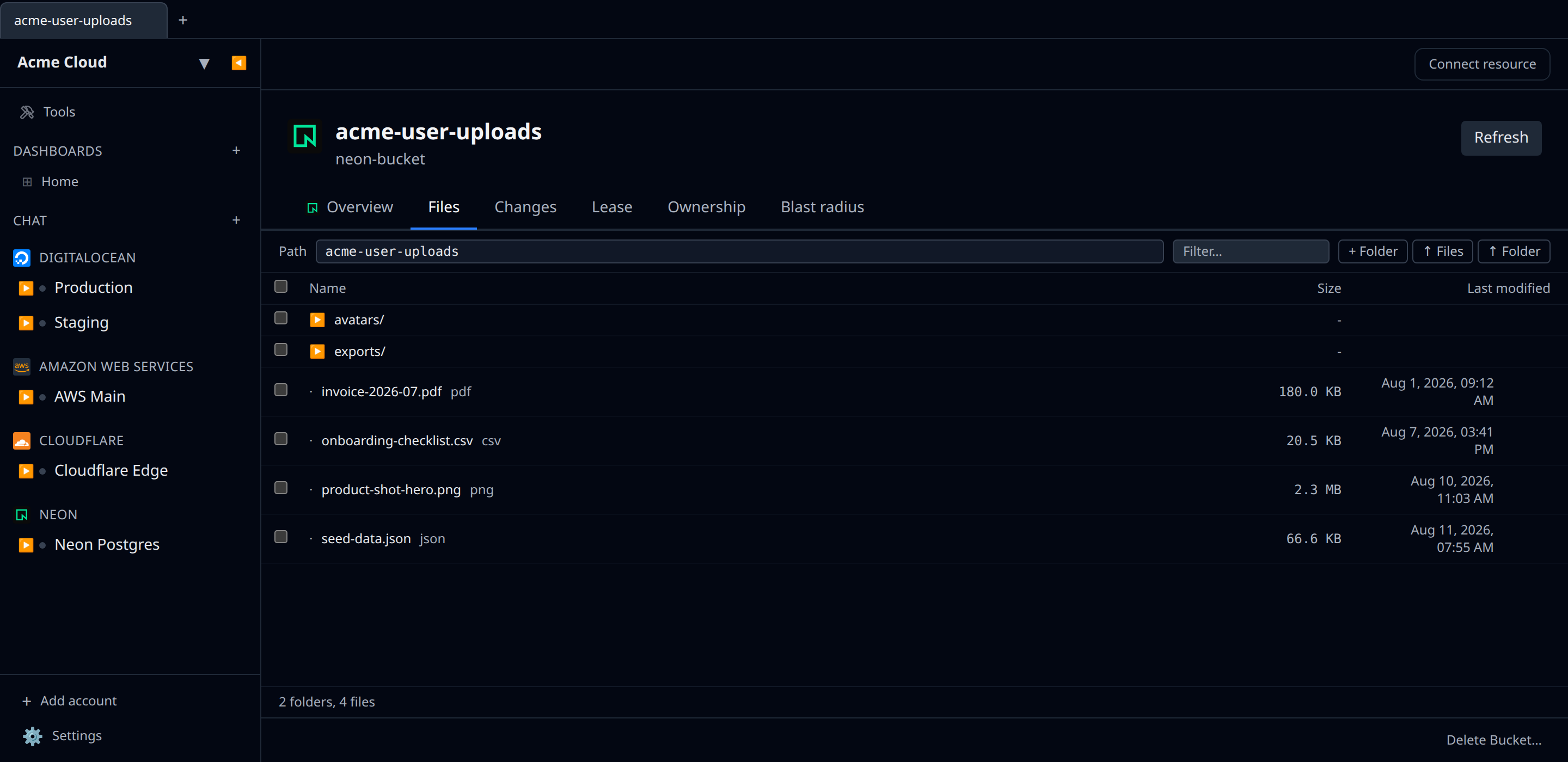 Neon bucket detail view showing the file browser with a few objects