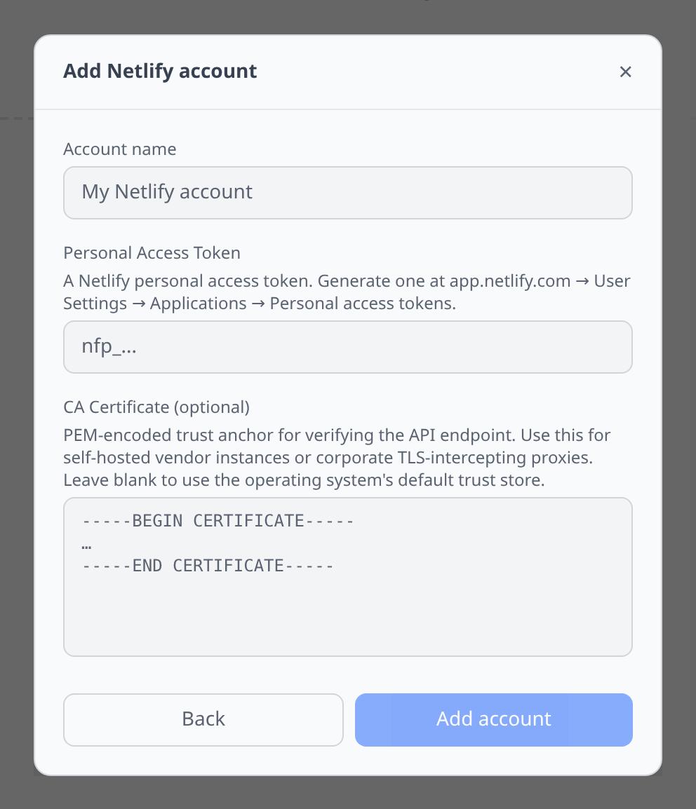 Netlify Add-account form with PAT field