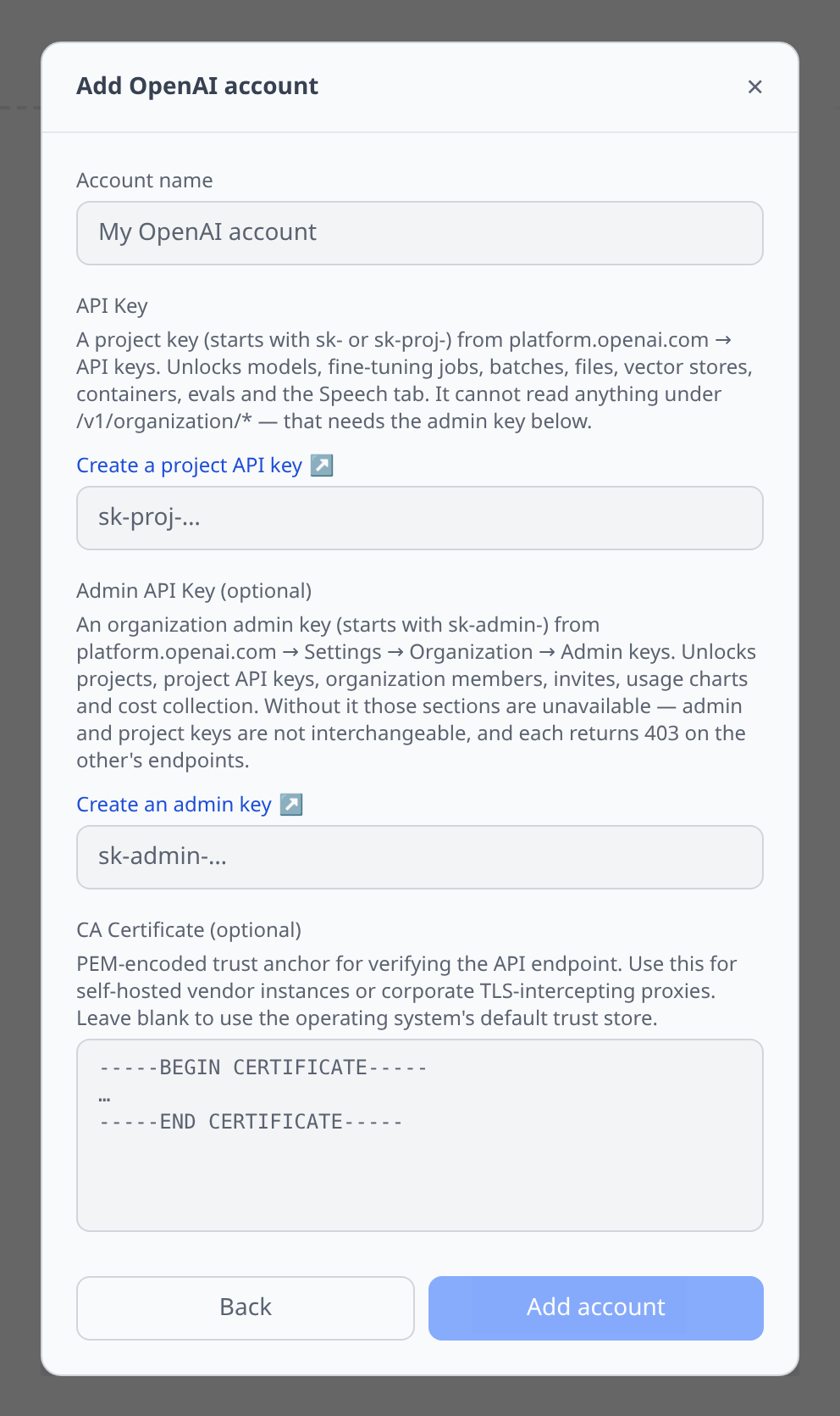 OpenAI Add-account form showing the required API Key field and the optional Admin API Key field, with the description explaining what the admin key unlocks