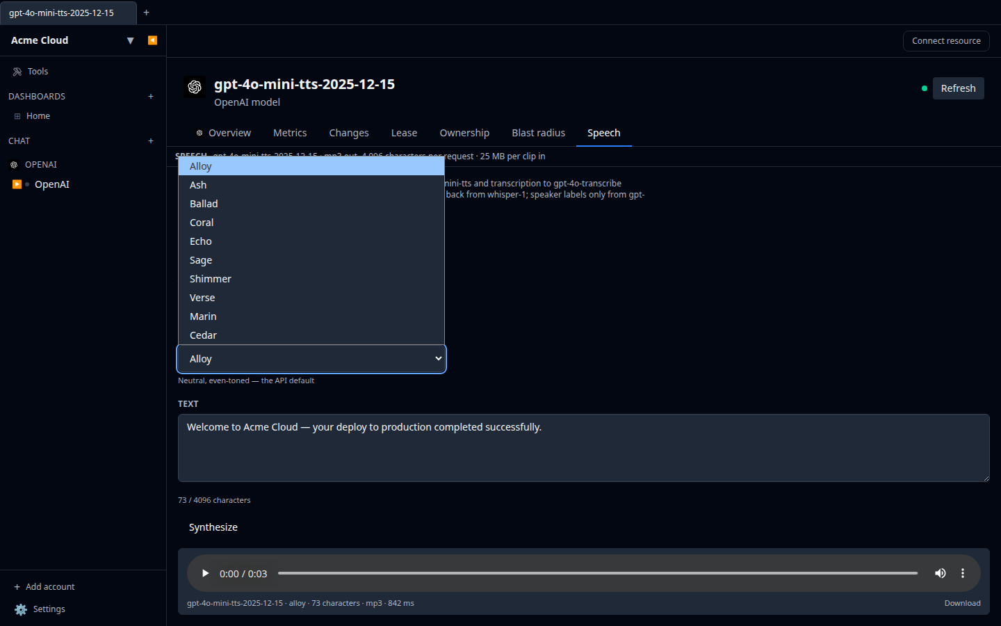 OpenAI Speech tab on a model, with the voice picker open showing the ten built-in voices and a synthesized clip in the player below