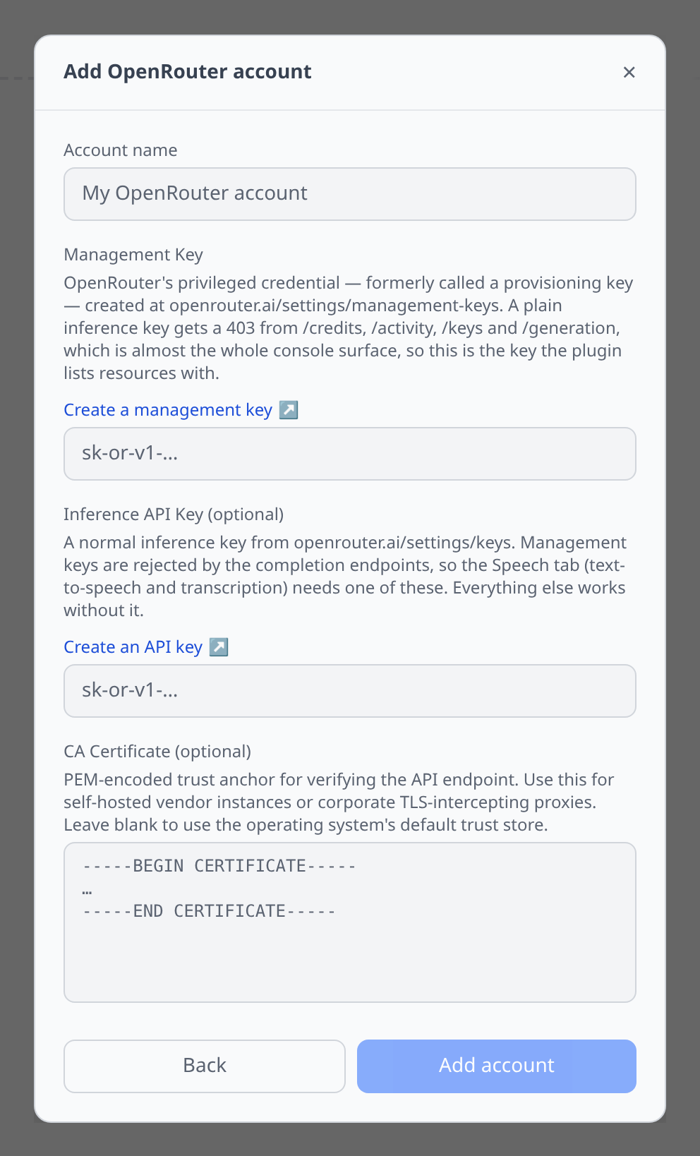 OpenRouter Add-account form showing the required Management Key field and the optional Inference API Key field, with the description explaining why both exist