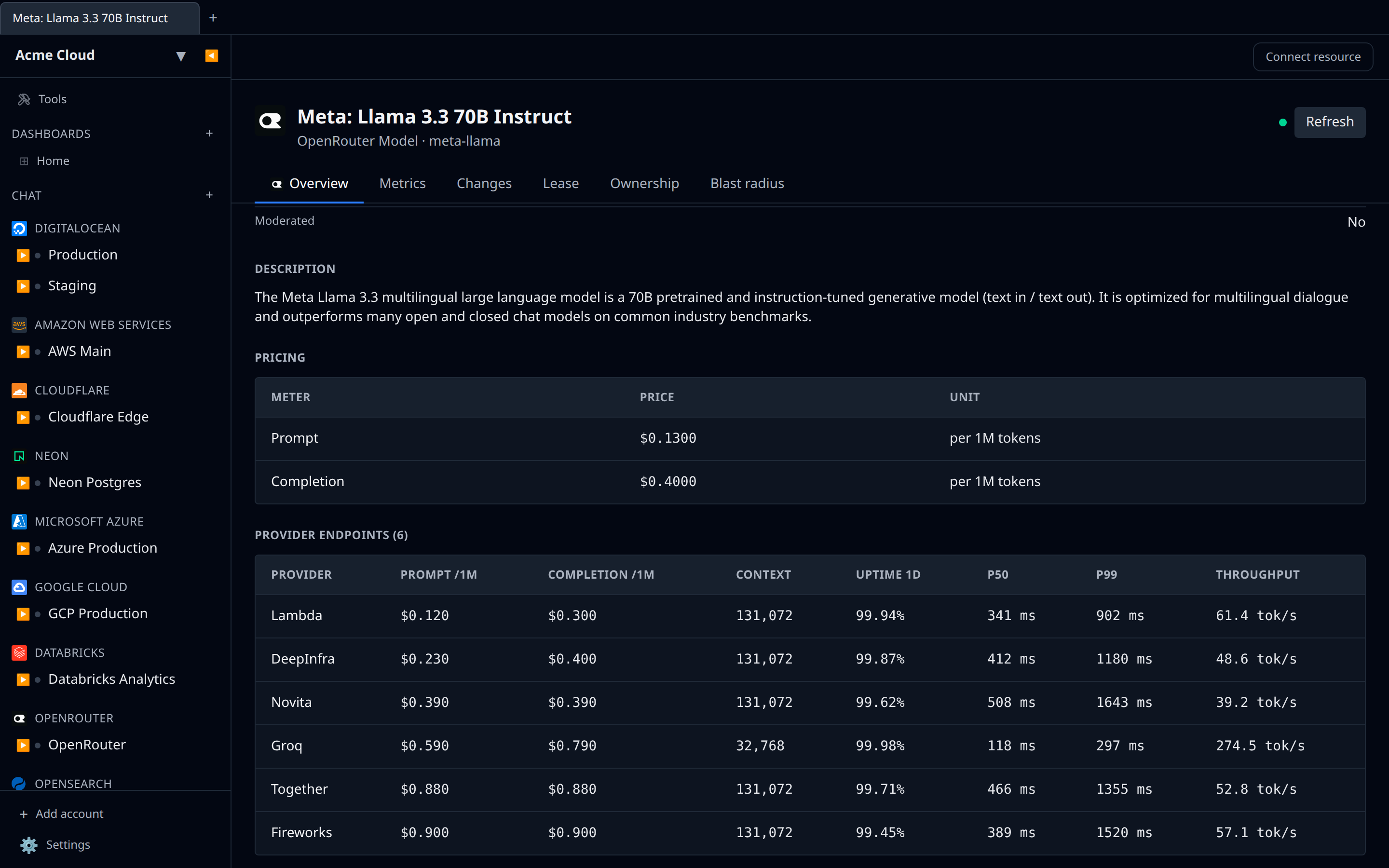 OpenRouter model detail page with the Provider endpoints table showing several providers, their prices, uptime and latency percentiles side by side