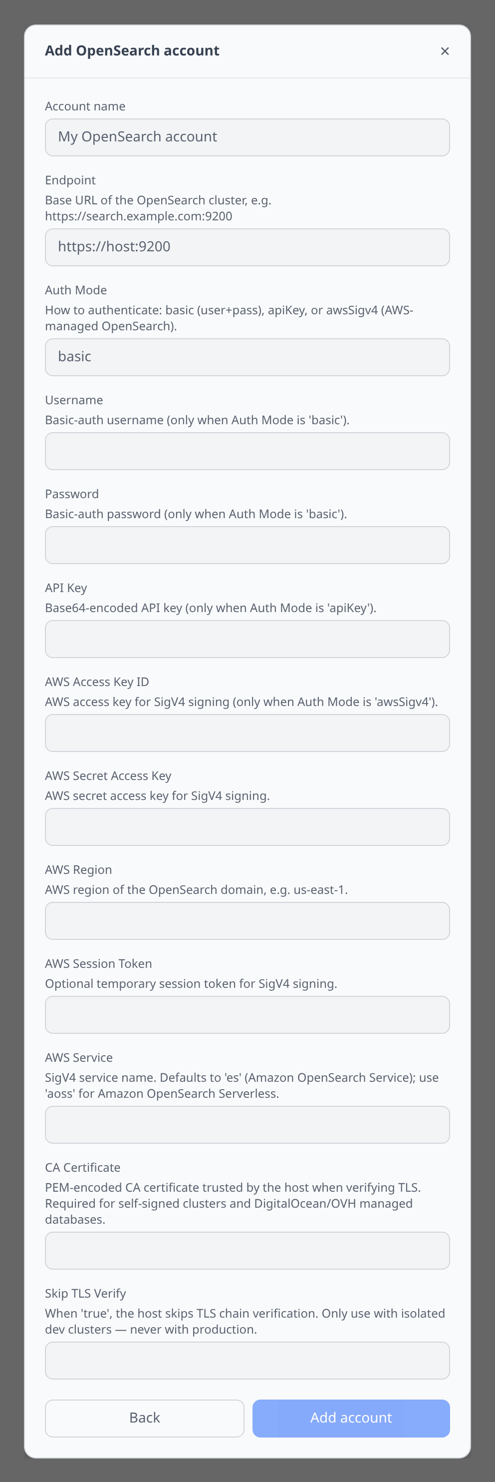 OpenSearch Add-account form with the Auth Mode text field and every credential field listed below it