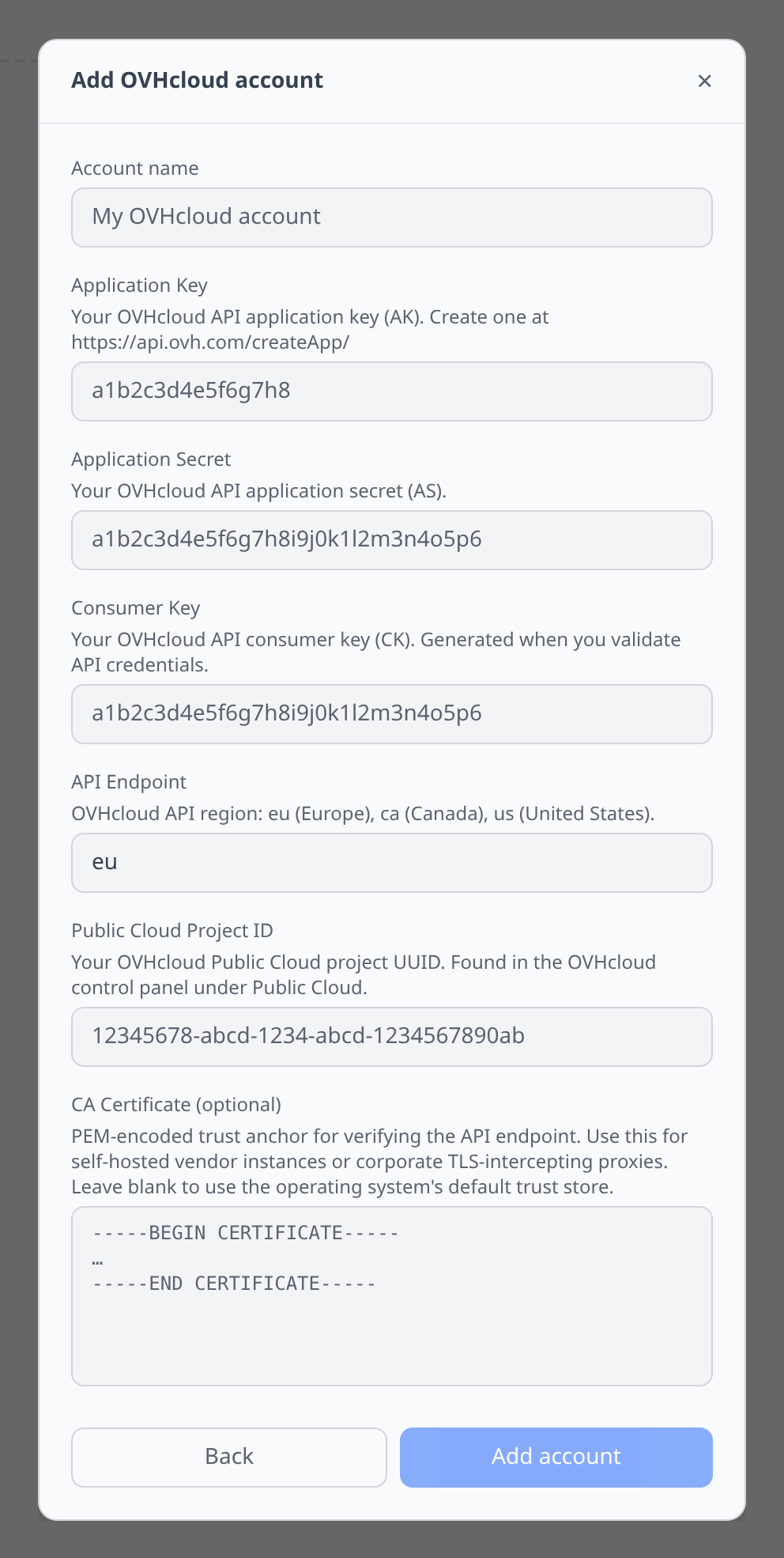 OVH Add-account form with application key / secret / consumer key / endpoint / project fields