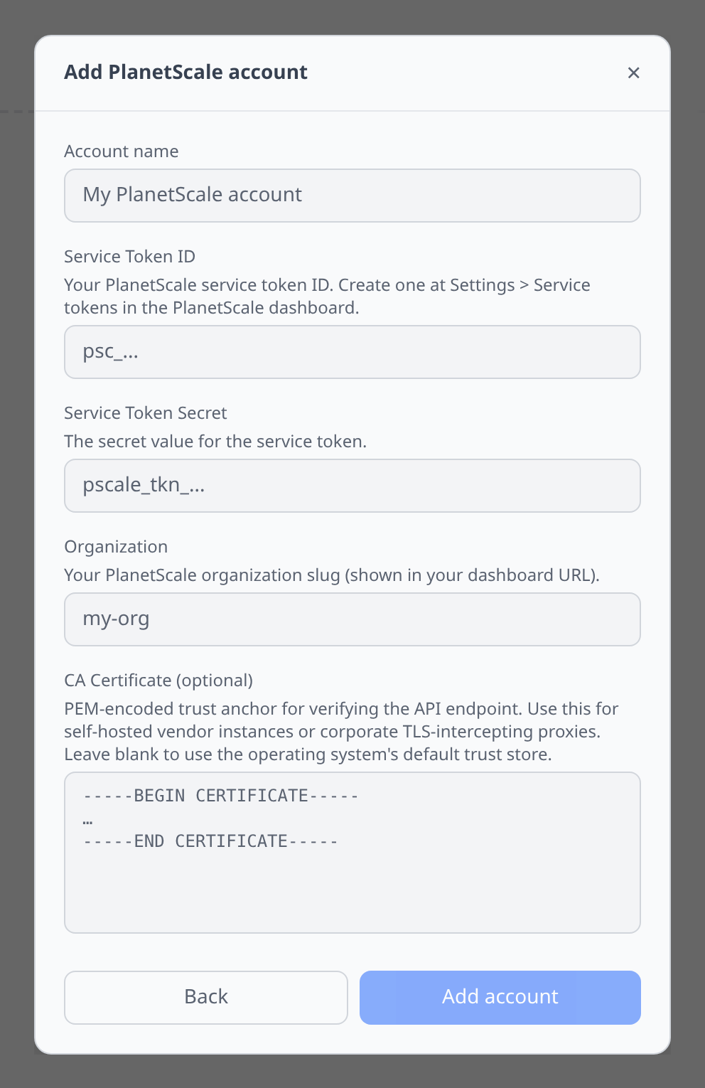 PlanetScale Add-account form with service token ID, secret, and organization fields