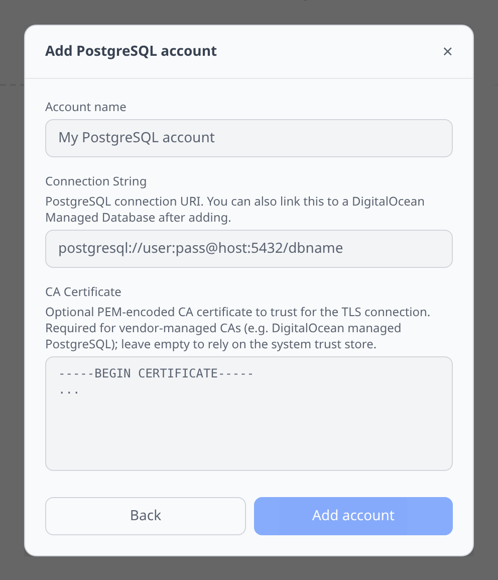 Postgres Add-account form with the Connection String field and the optional CA Certificate field