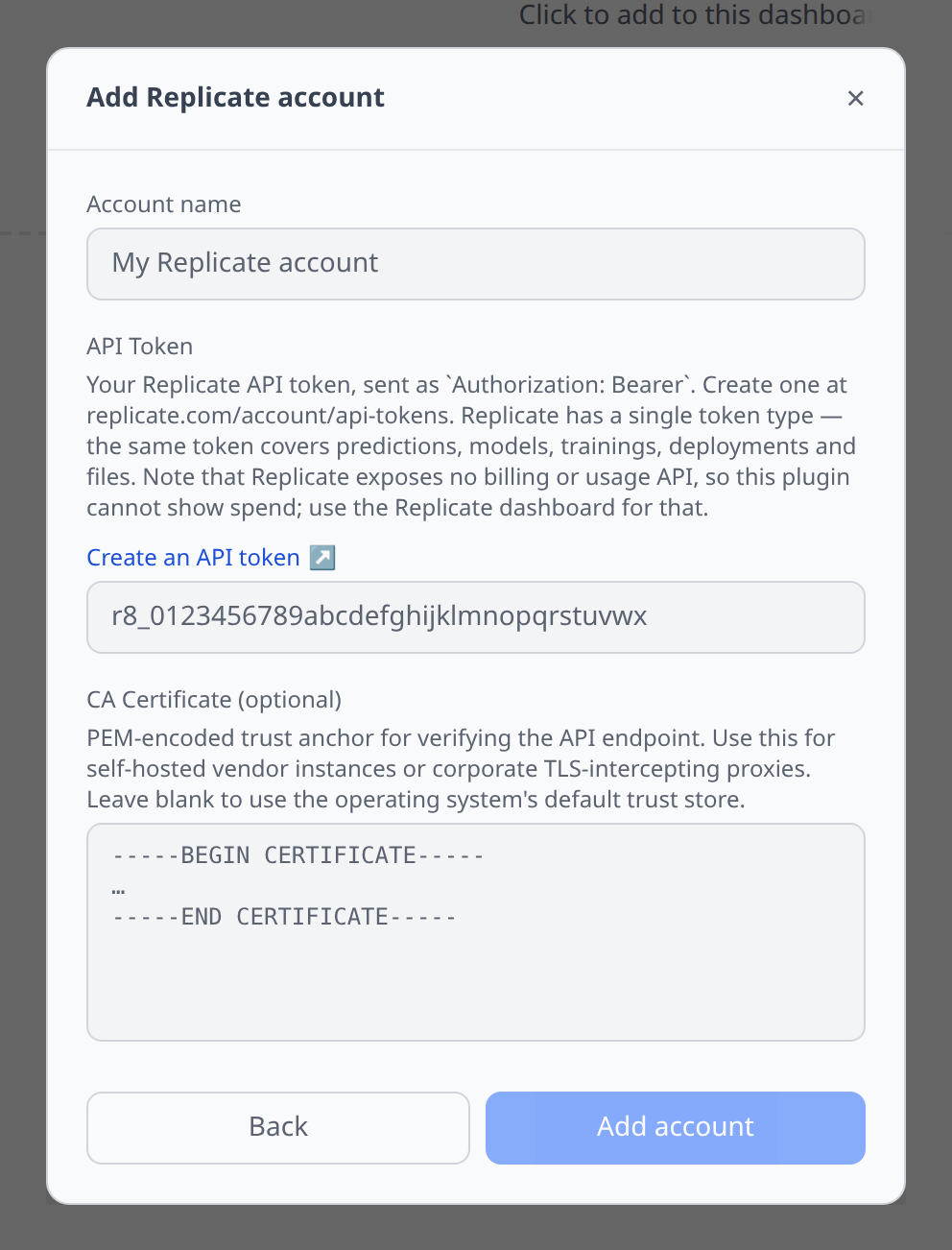The Replicate Add-account form with the API token field