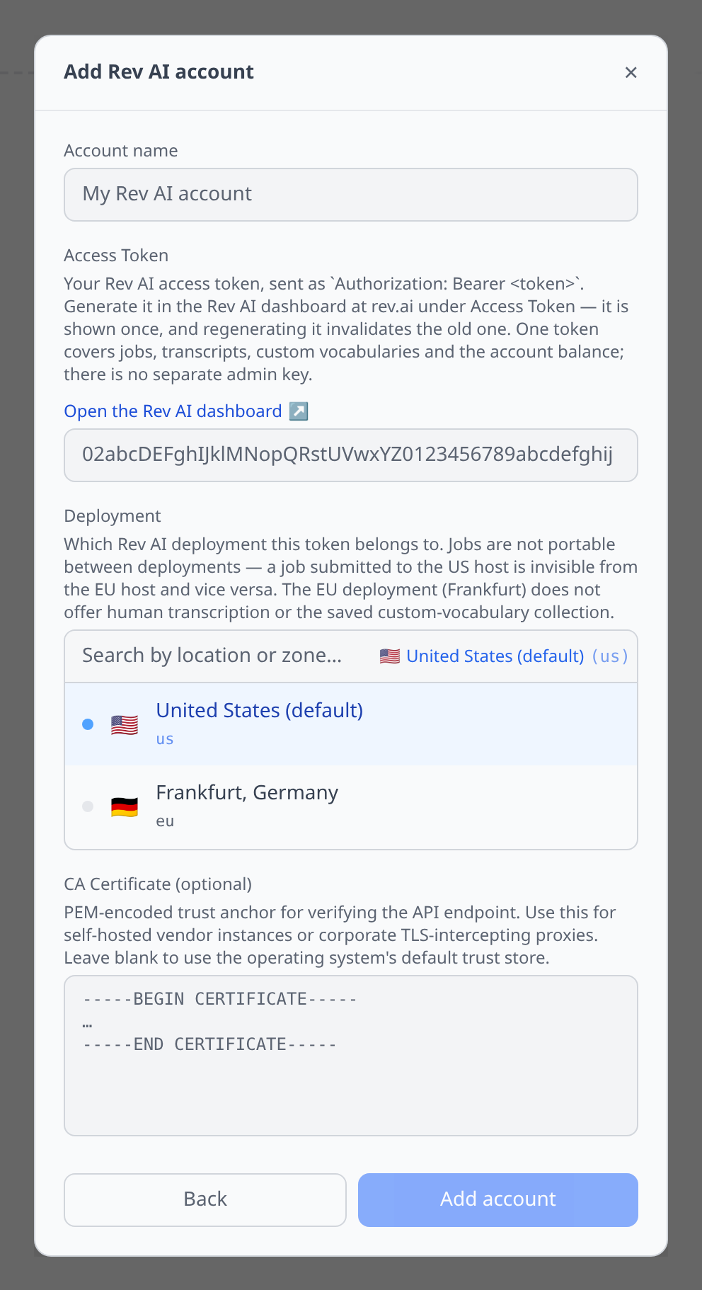 Rev AI Add-account form showing the access token field and the US / EU deployment picker