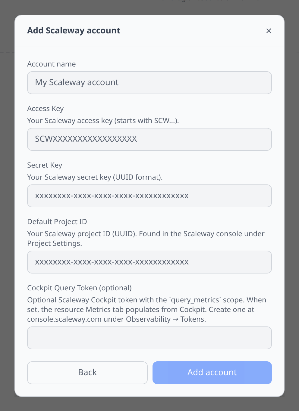 Scaleway Add-account form with access / secret / project fields