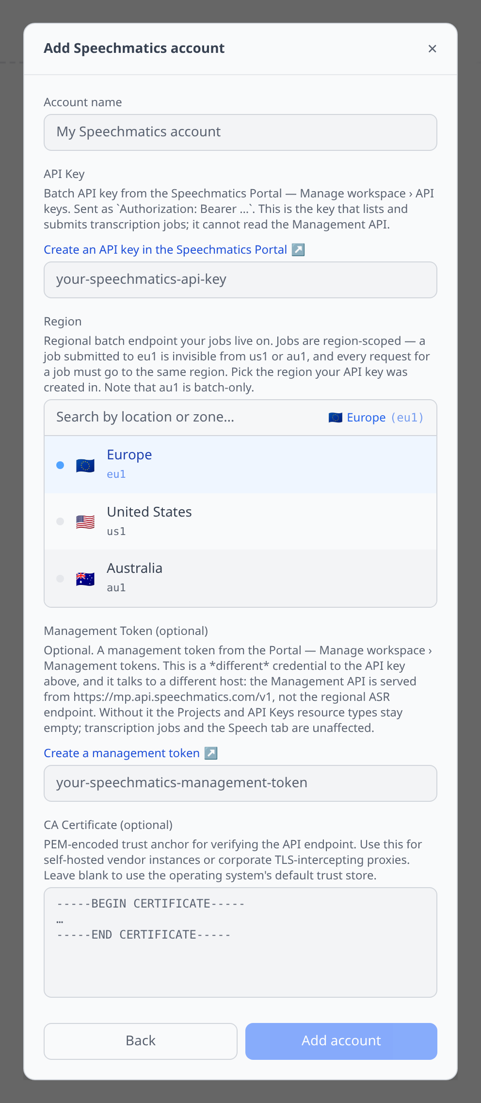 Speechmatics Add-account form showing the API key, the region picker with eu1/us1/au1, and the optional Management Token field