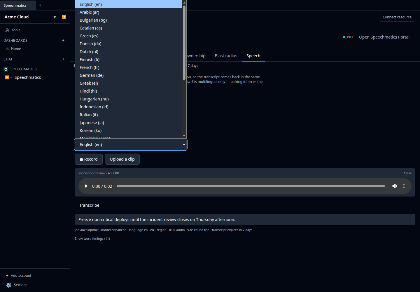 Speechmatics Speech tab on the Account resource, with the language-pack picker populated from discovery and a completed transcript