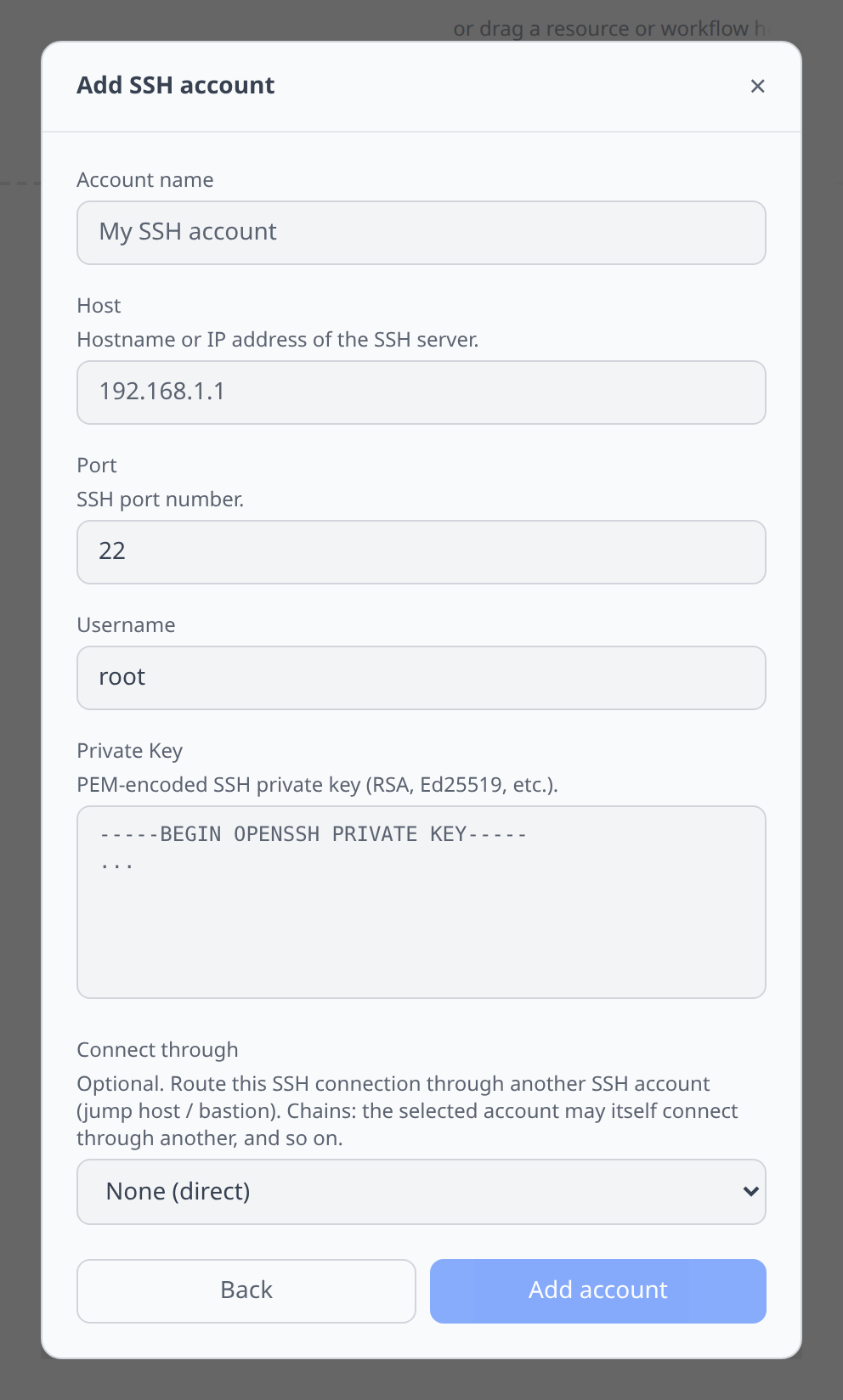 Generic SSH Add-account form with host, port, username, key picker, and the new "Connect through" dropdown set to "None (direct)"