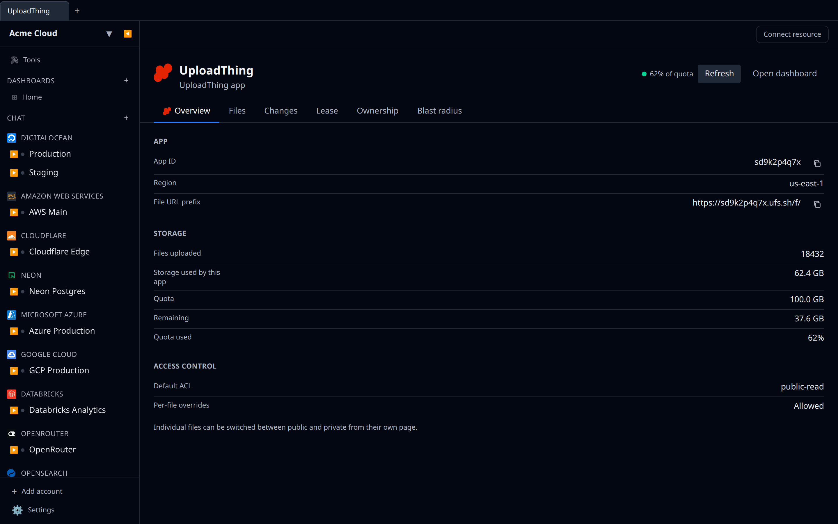 UploadThing app detail page showing the storage quota section, with the file listing on its own Files tab