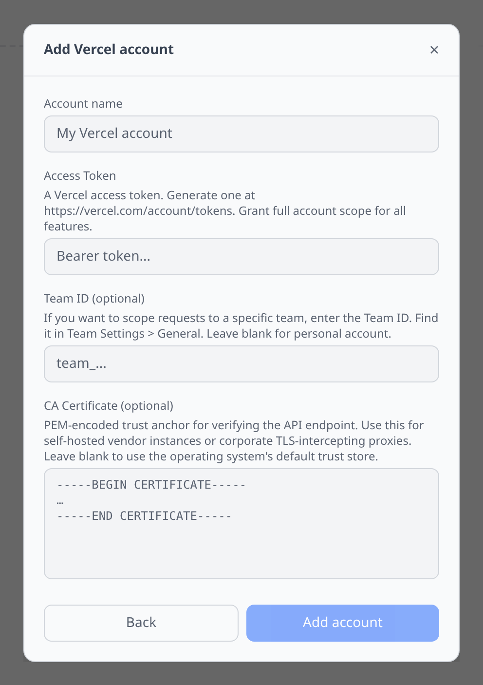 Vercel Add-account form with token and optional team-ID field