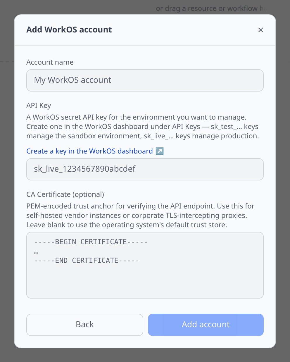 WorkOS Add-account form with the API key field and the dashboard help link