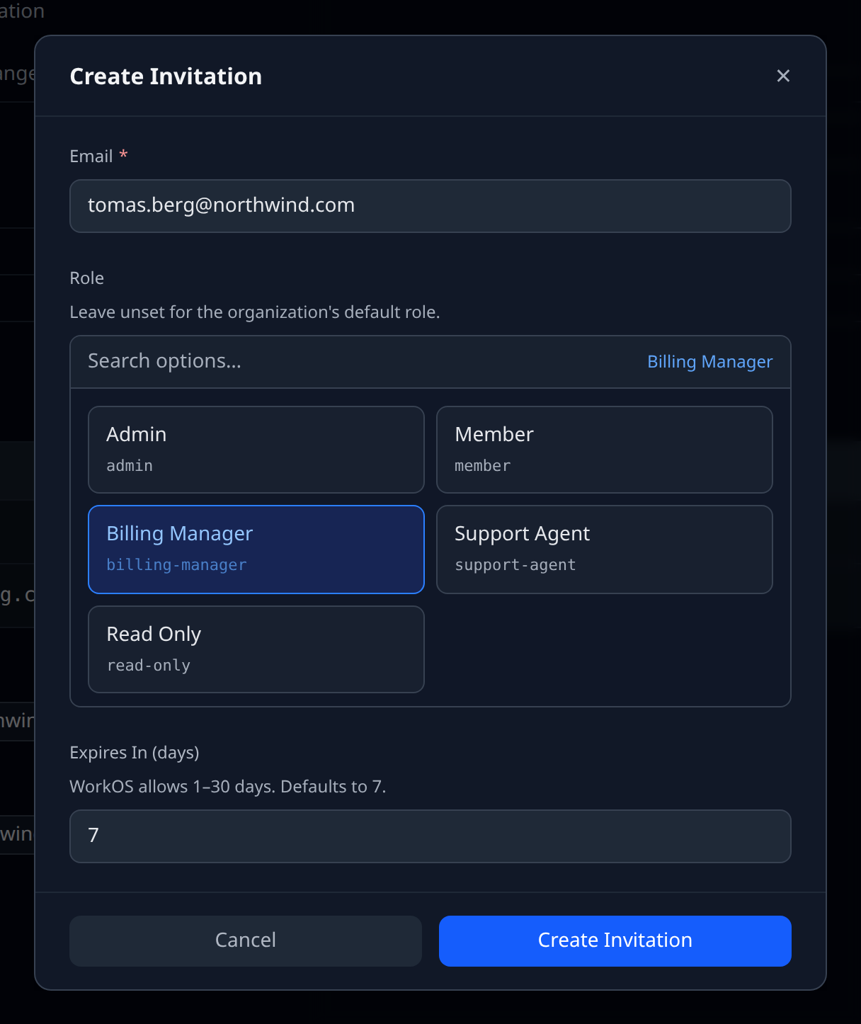 Create-invitation form opened from an organization, showing the role picker populated with live role names