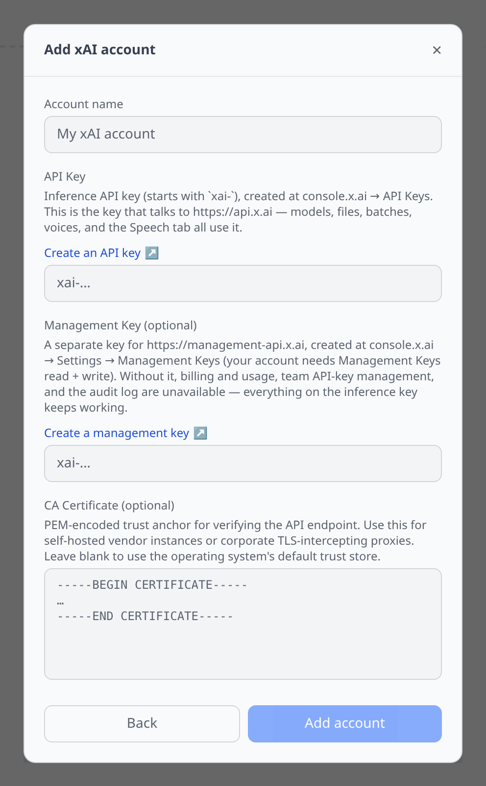 xAI Add-account form showing the required API Key field and the optional Management Key field, with its description explaining what breaks without it