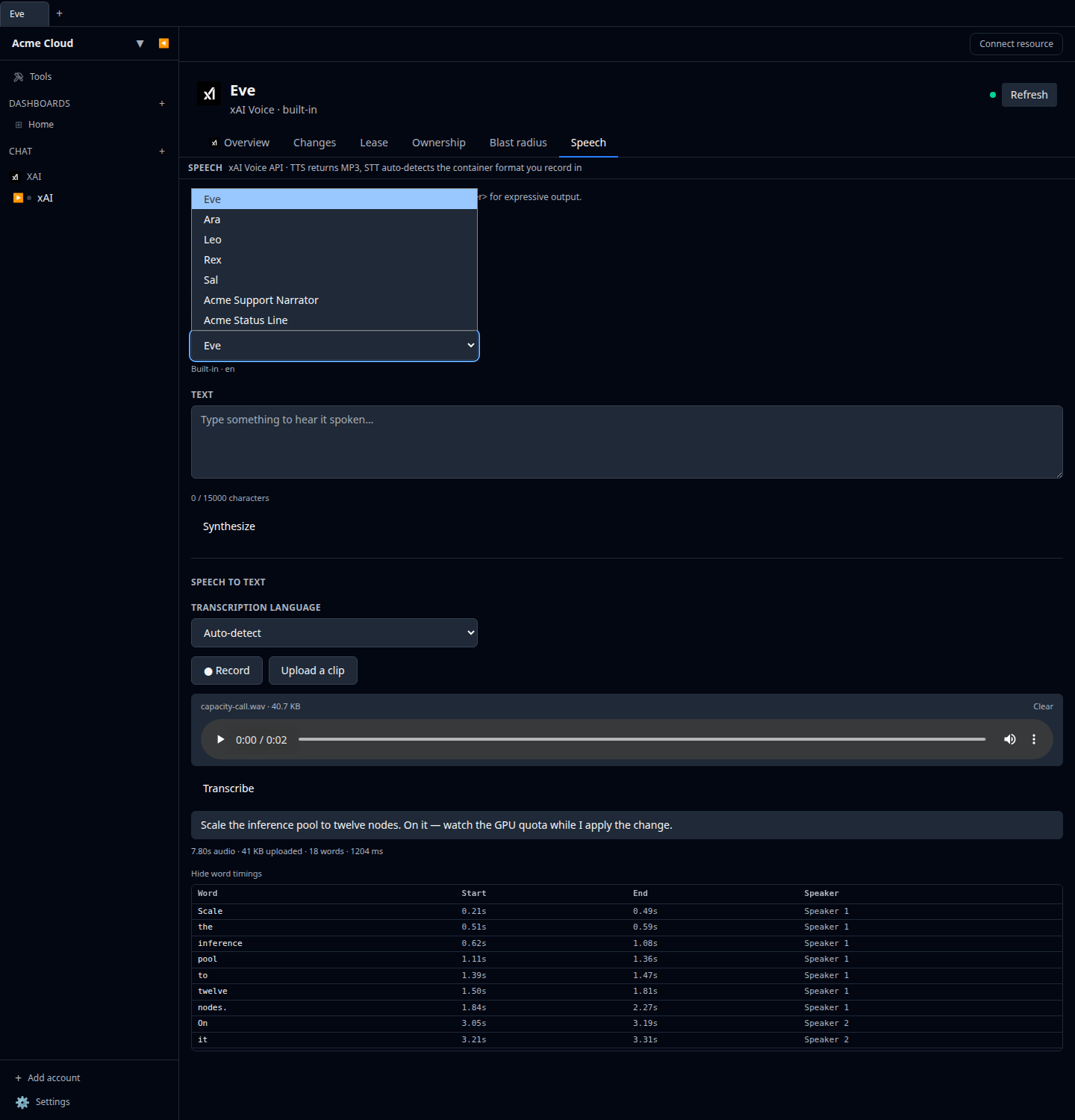 xAI Speech tab on the Eve voice, with the voice picker open showing built-in and custom voices, and a transcript with word timings and speaker labels below