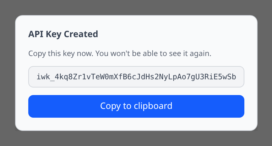 API key create dialog with copy-once warning
