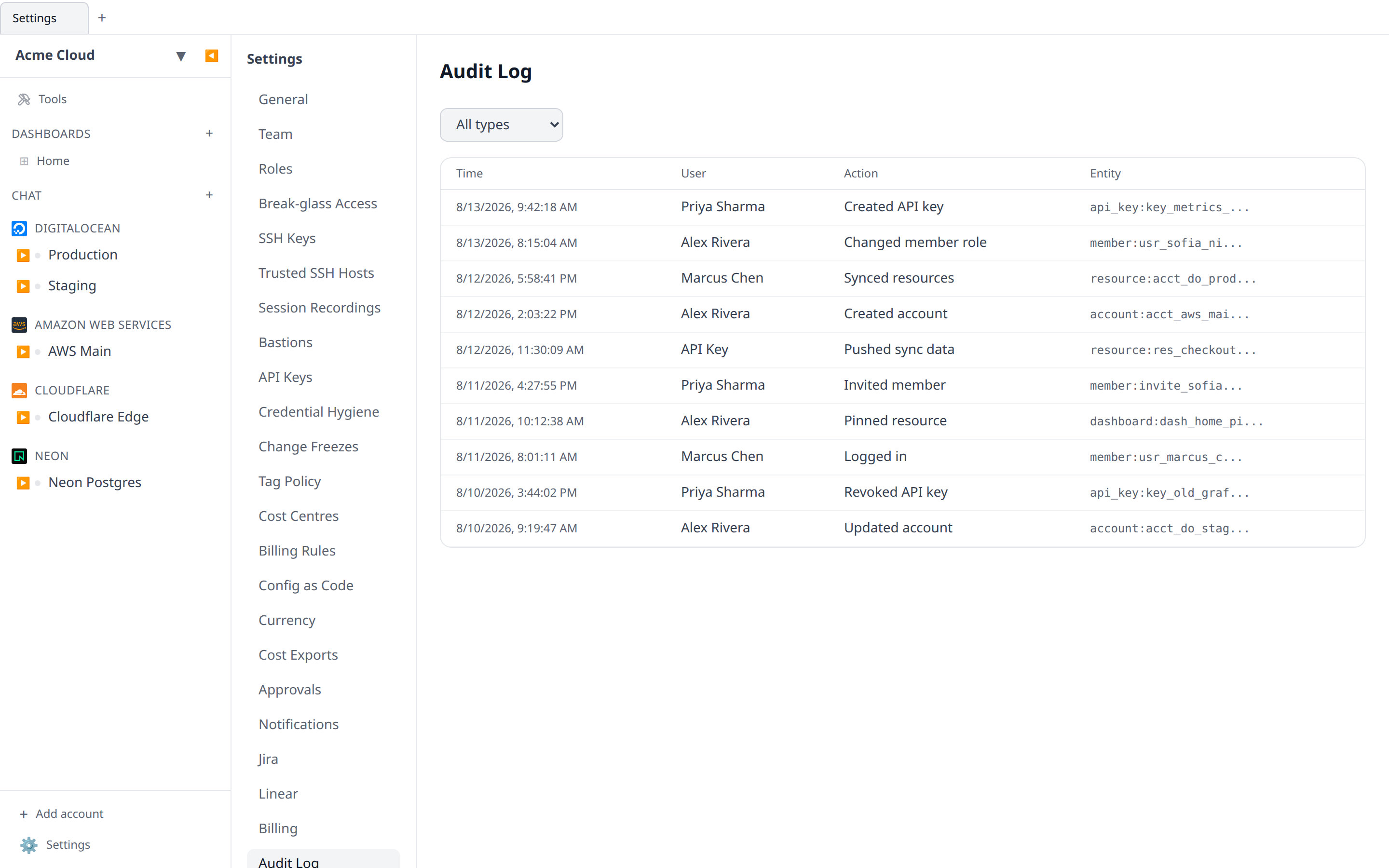Audit log table with time, user, action and entity columns