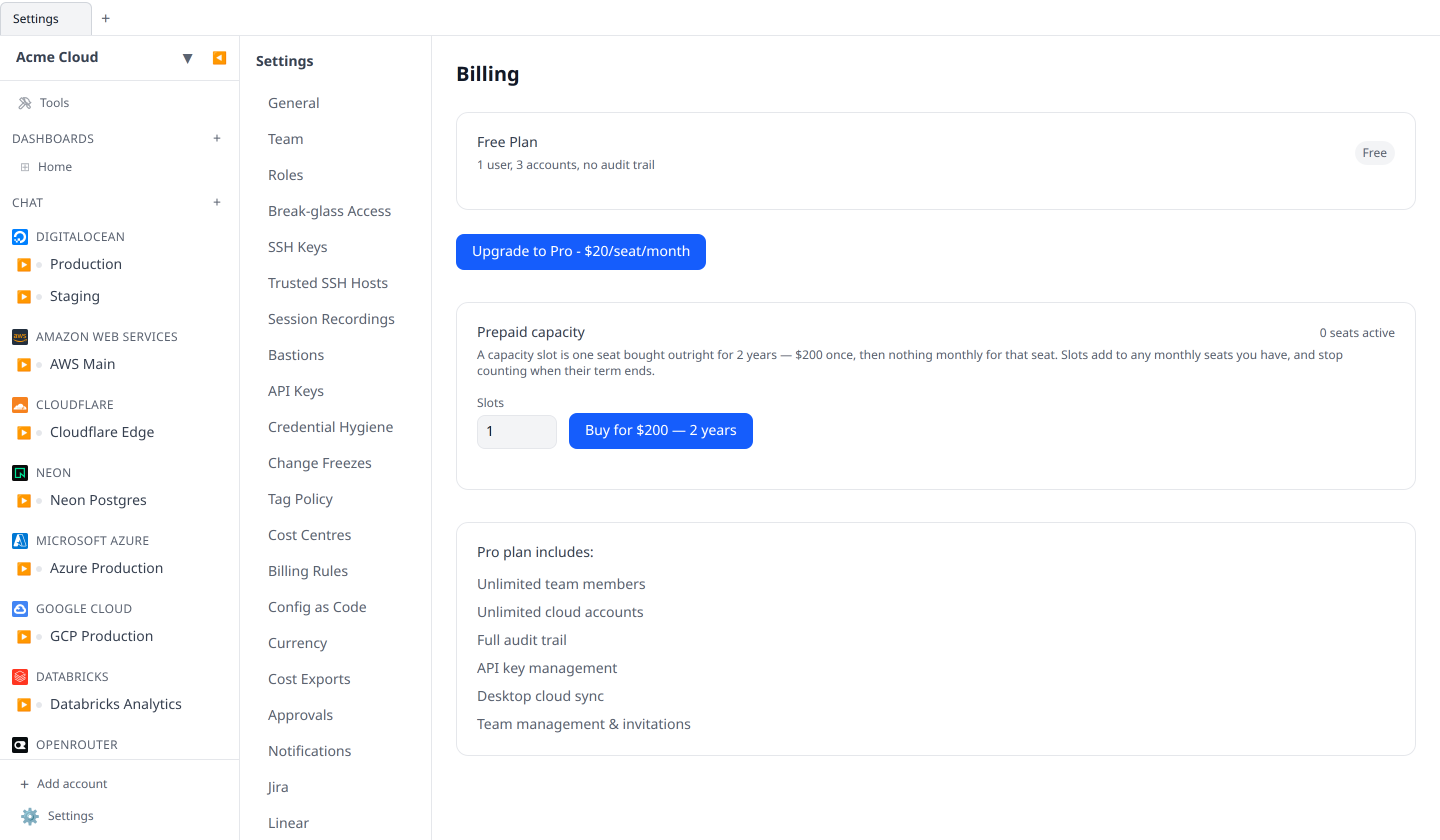 Billing page on the free plan: the current-plan card, the Upgrade to Pro button, the prepaid-capacity offer with its slot count selector, and the Pro plan includes card