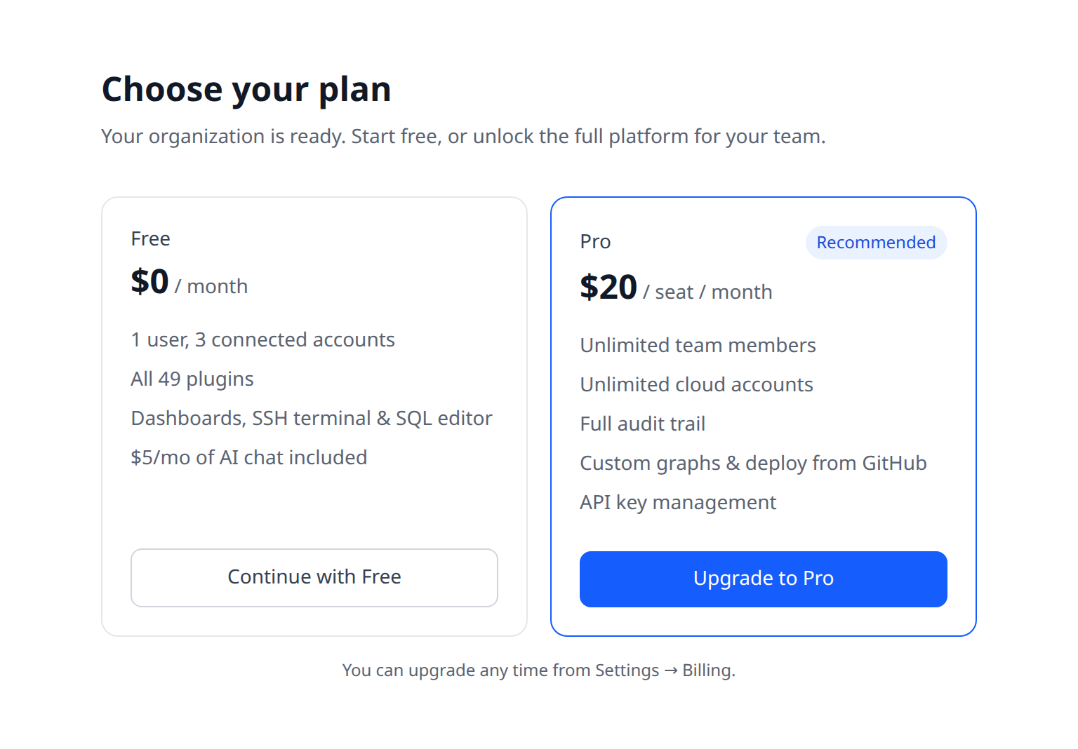 Onboarding plan-choice step showing the Free and Pro cards side by side after creating an organization
