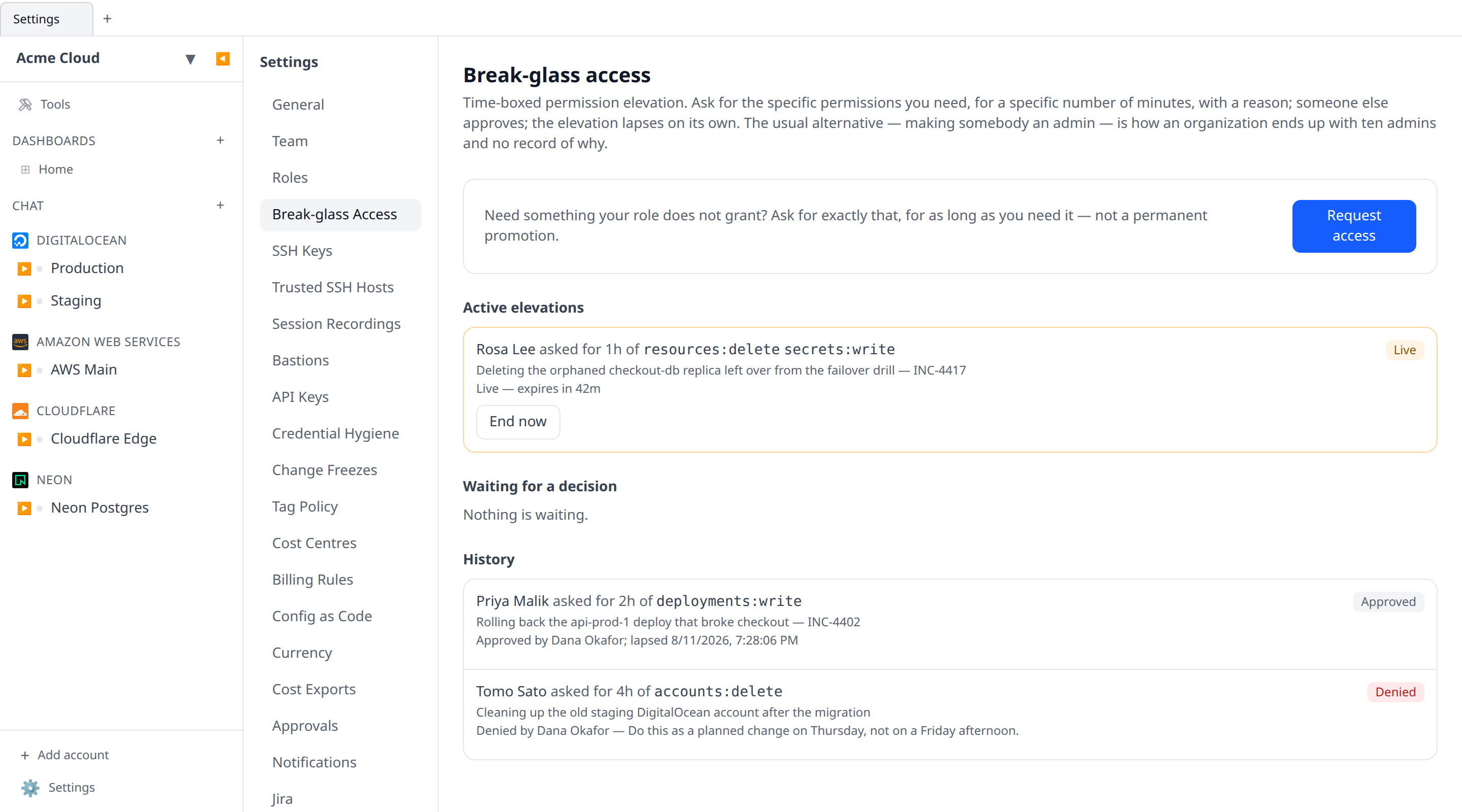 The Break-glass Access page with one live elevation at the top showing "Live — expires in 42m" and an "End now" button, and two rows in History beneath
