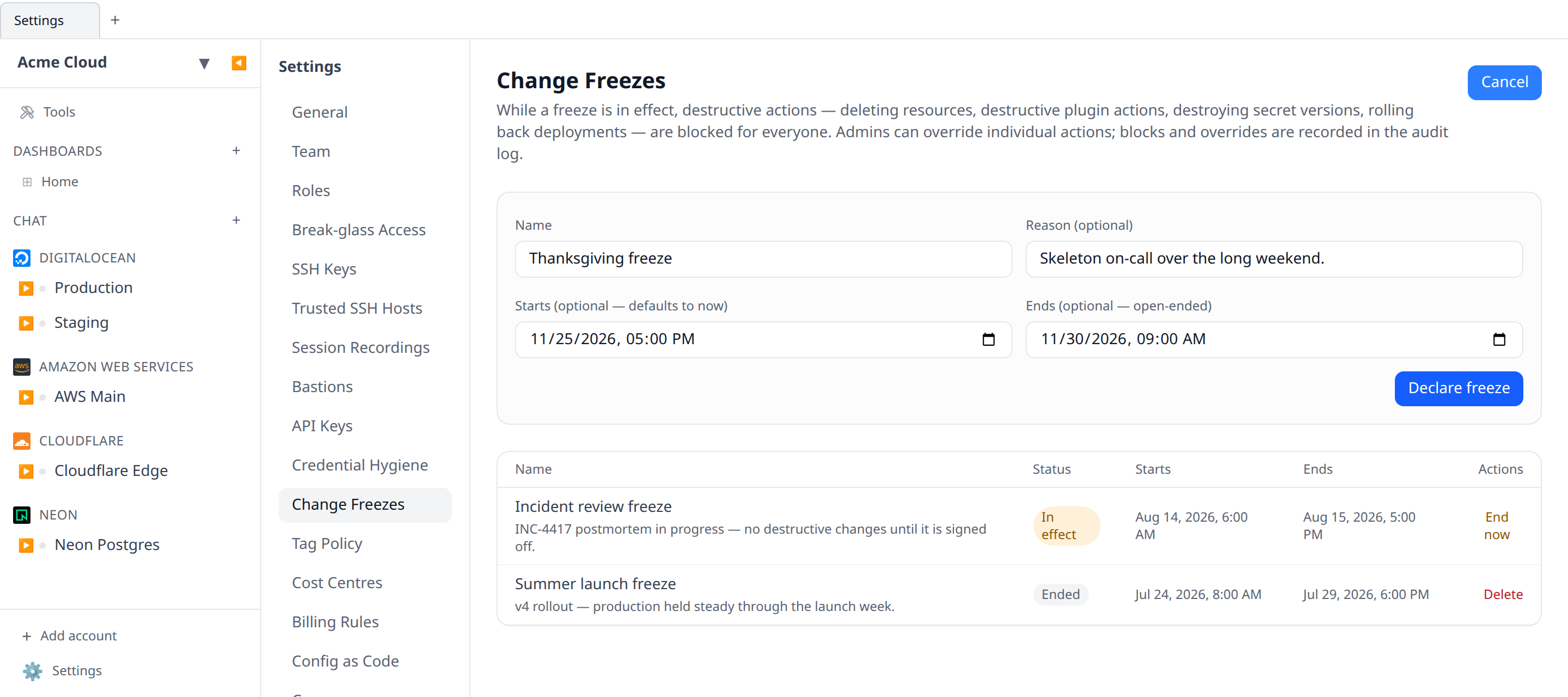 Settings → Change Freezes page showing one freeze "In effect" with an amber badge, one "Ended", and the "Declare freeze" form open with name/reason/start/end fields