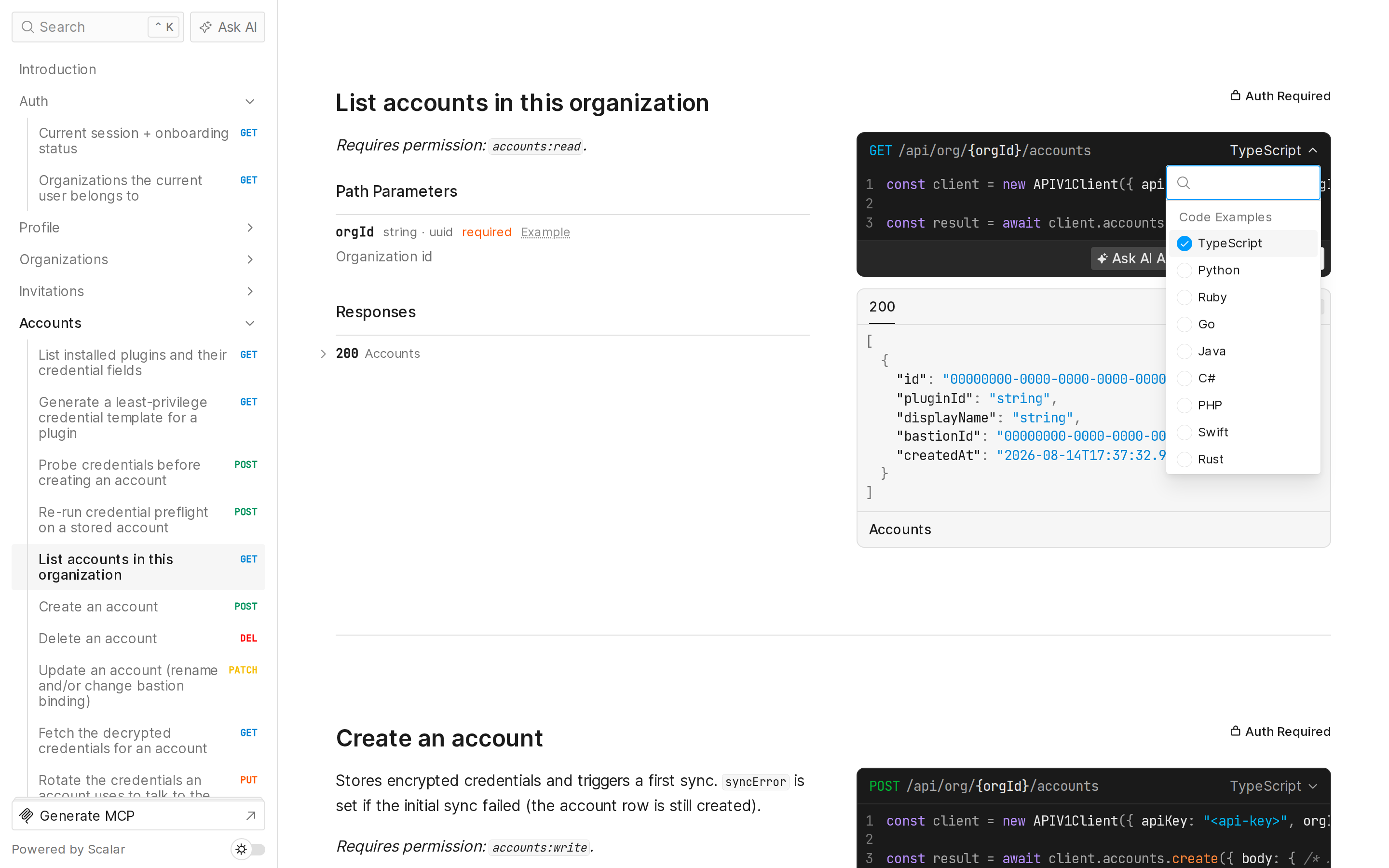 Screenshot of a /docs operation with the client picker open, showing the nine SDK sample entries and the TypeScript sample selected
