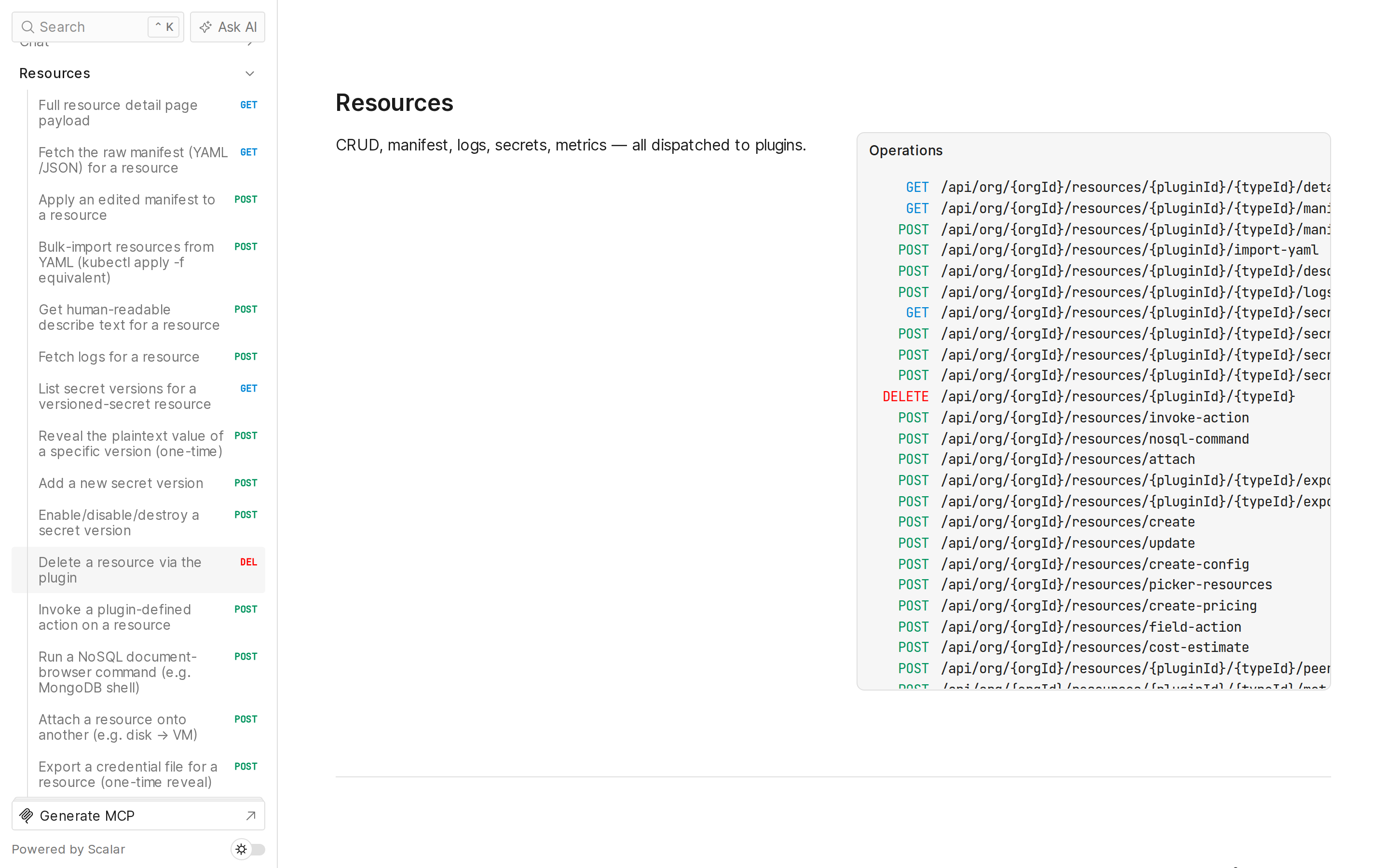 Screenshot of /docs Scalar reference UI showing the Resources tag expanded