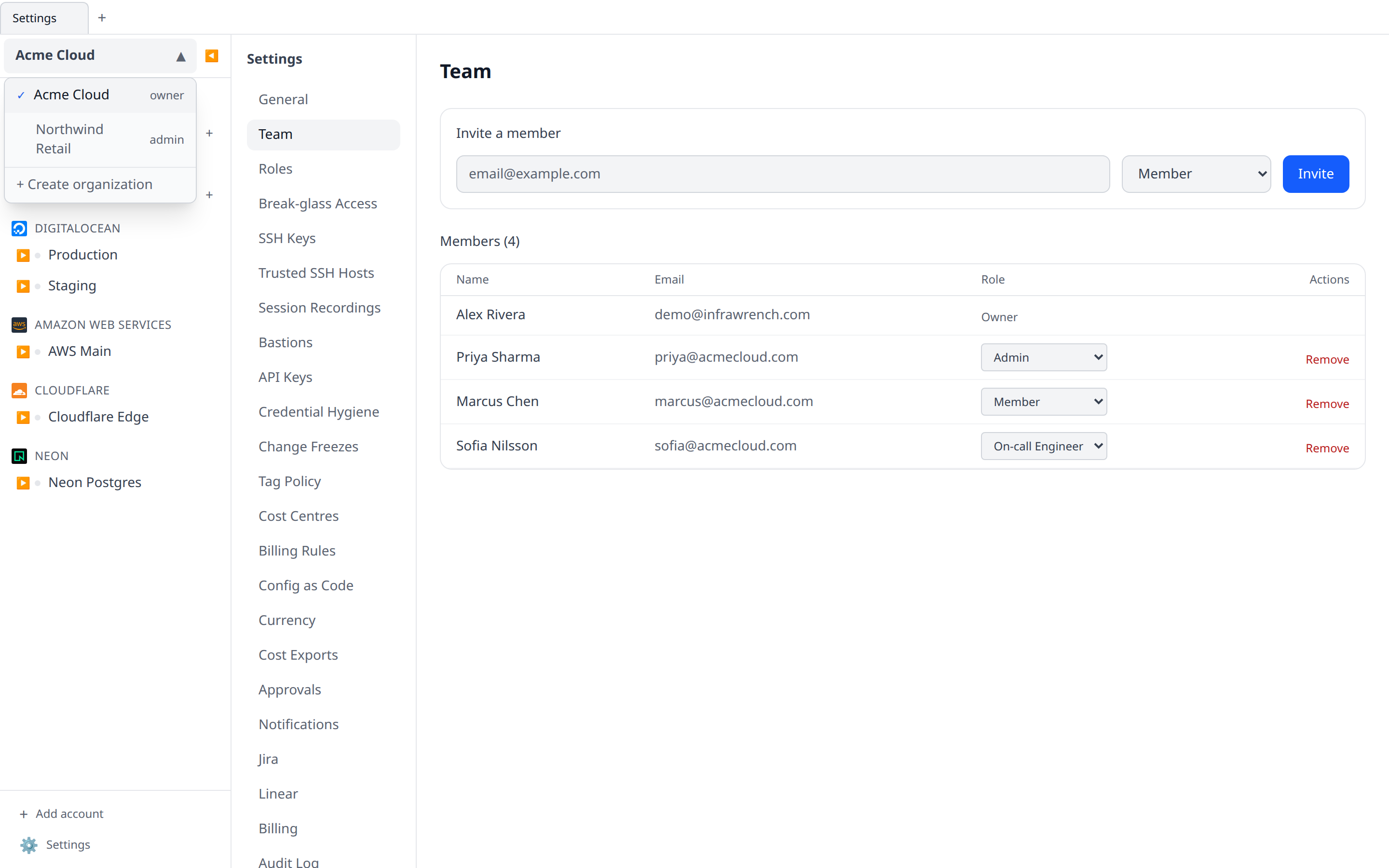 Workspace switcher dropdown with two organizations listed