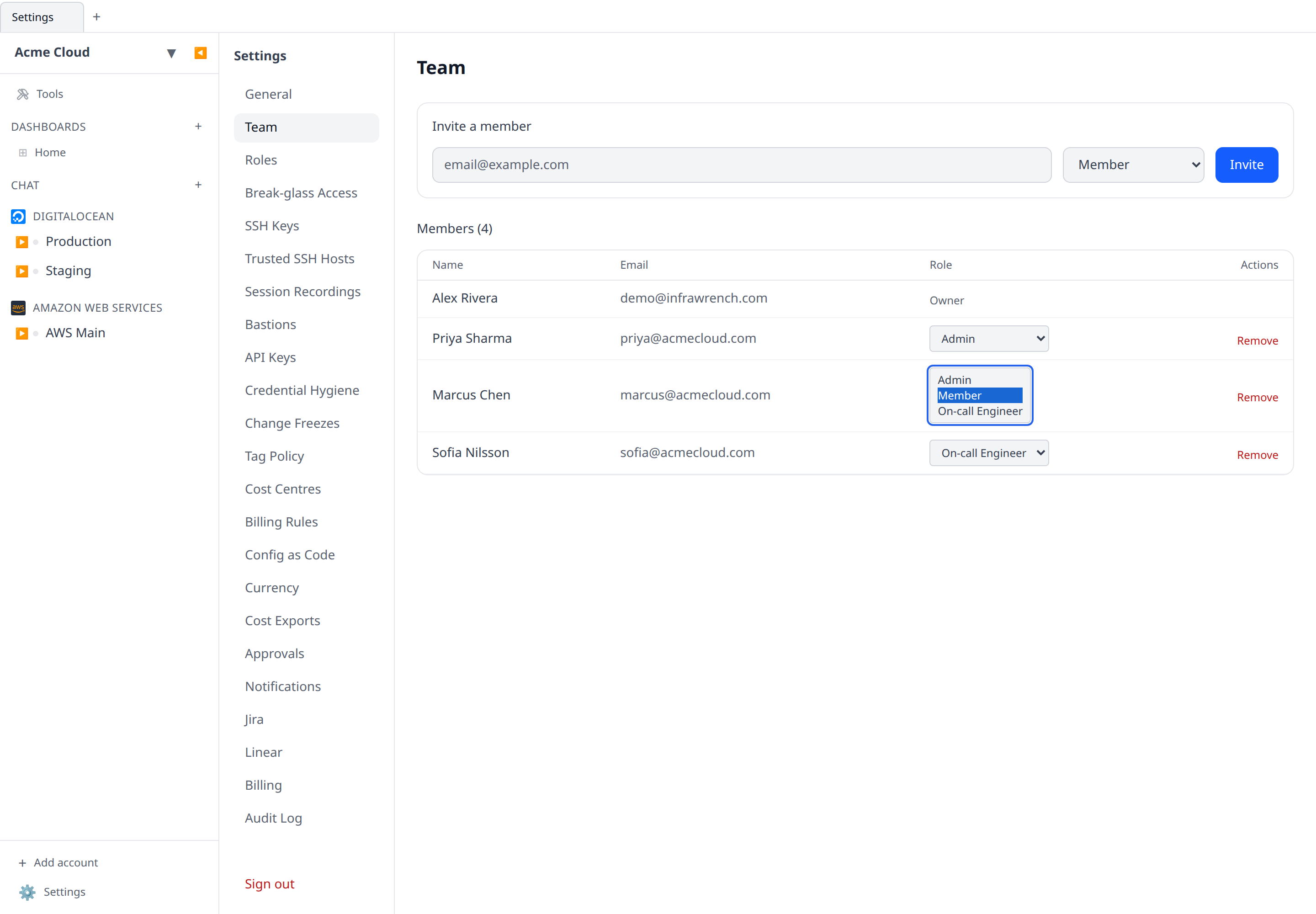 Team page member row with the new role picker dropdown open