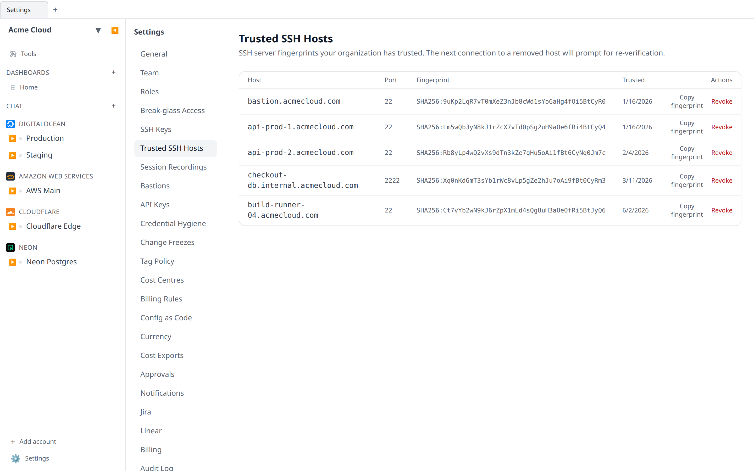 Trusted SSH Hosts settings page with the table of pinned hosts, fingerprints, and Revoke buttons