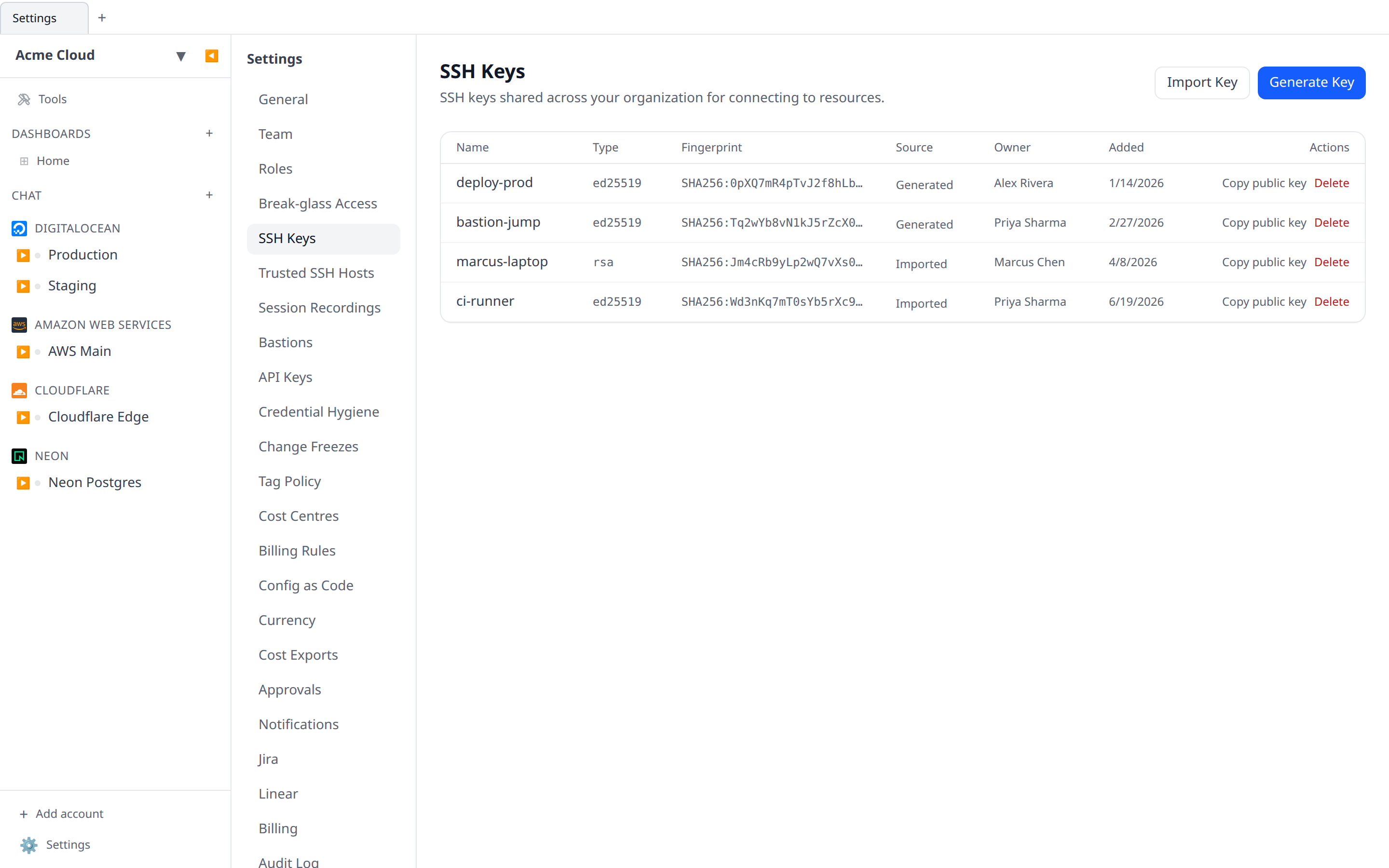 SSH keys page with a list of named keys and the Import Key and Generate Key buttons